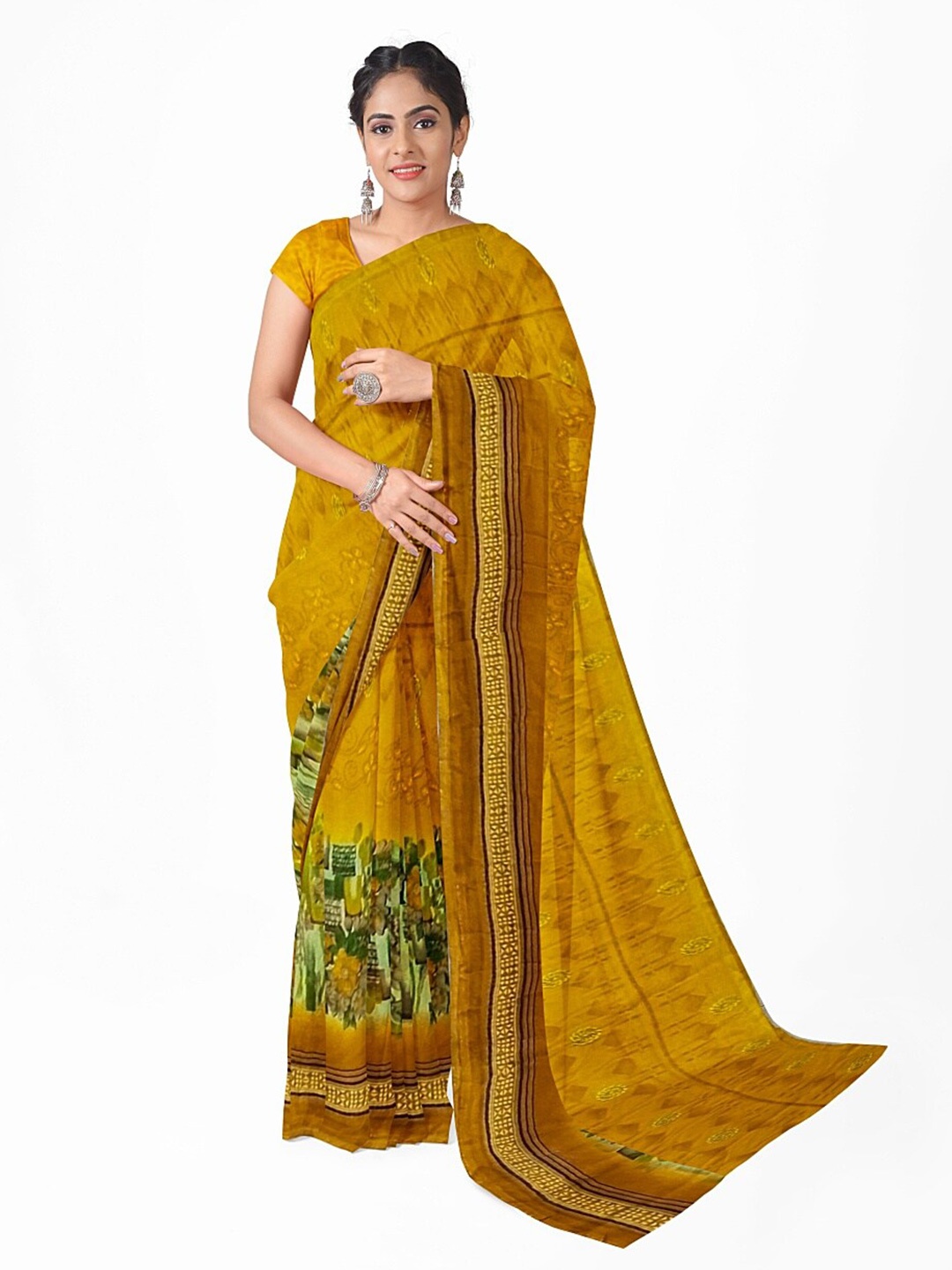 

KALINI Yellow & Green Floral Pure Georgette Dharmavaram Saree