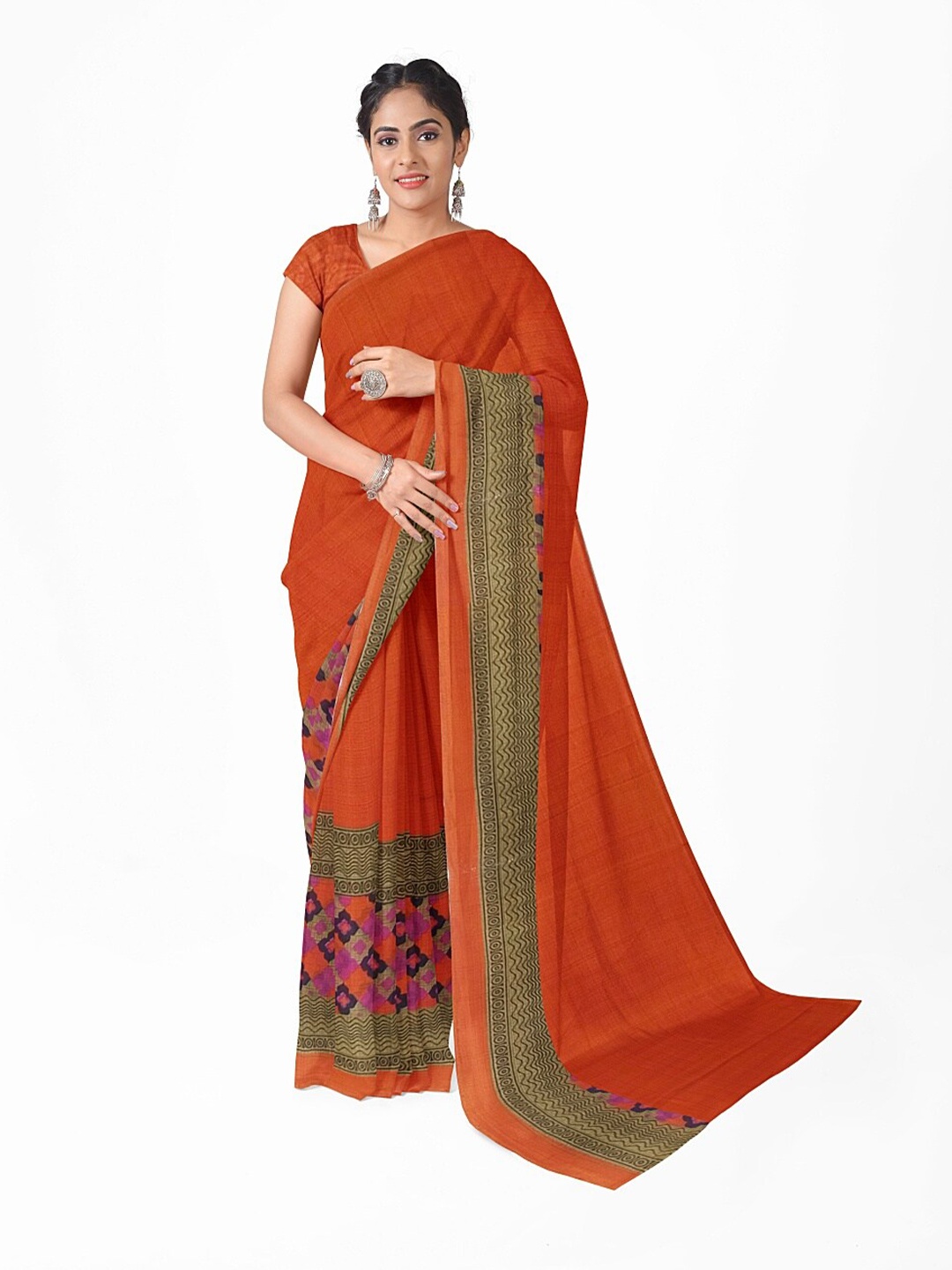 

Florence Orange & Navy Blue Ethnic Motifs Pure Georgette Fusion Dharmavaram Saree