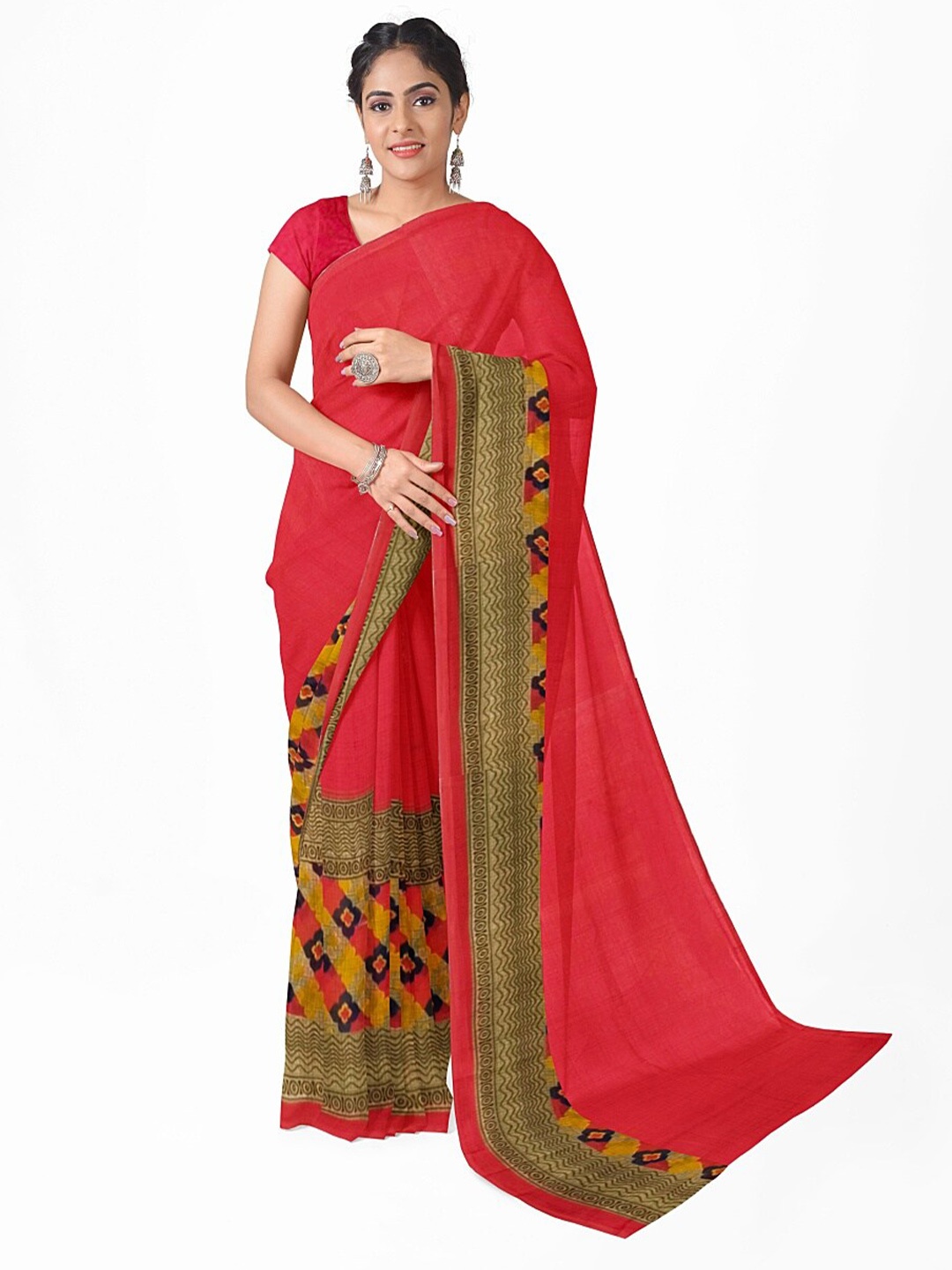 

Florence Peach-Coloured & Olive Green Ethnic Motifs Pure Georgette Fusion Dharmavaram Saree
