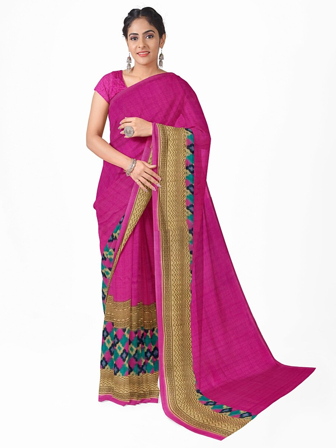 

Florence Pink & Beige Ethnic Motifs Pure Georgette Dharmavaram Saree