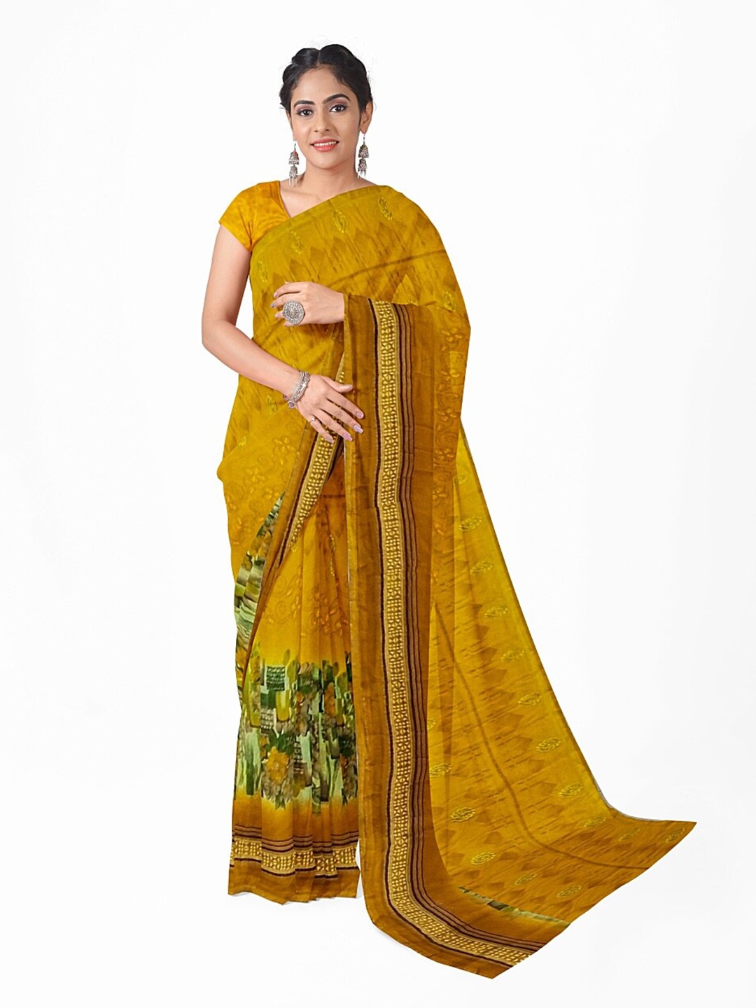 

Florence Yellow & Green Floral Pure Georgette Fusion Dharmavaram Saree