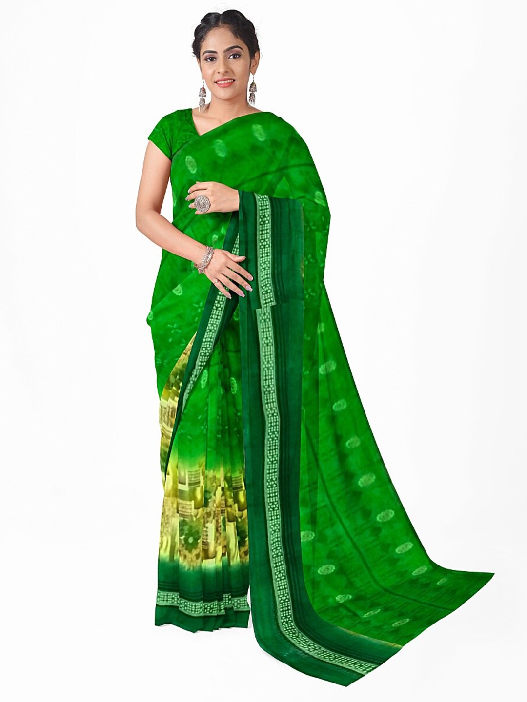

Florence Green & Beige Floral Pure Georgette Fusion Dharmavaram Saree
