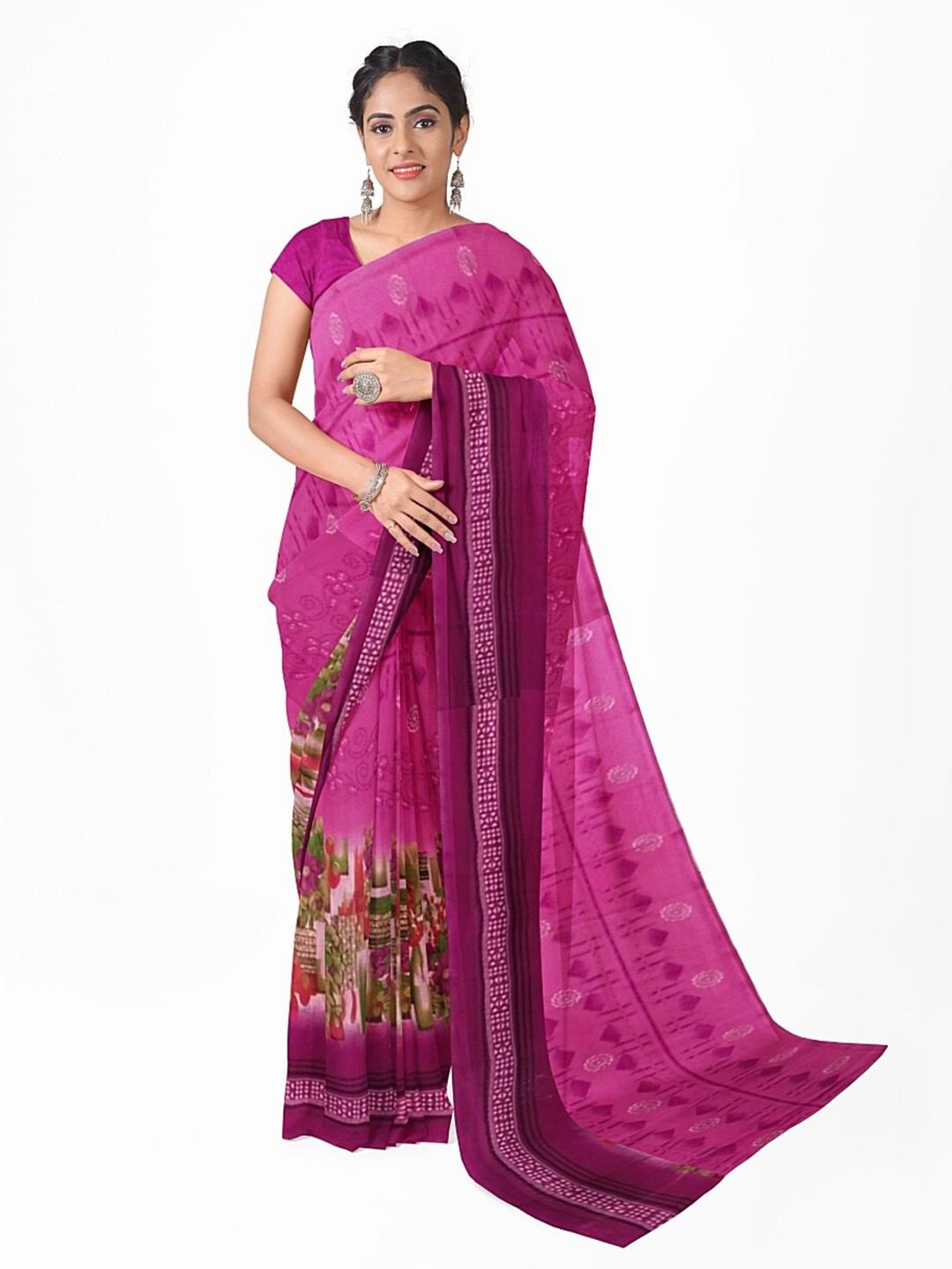 Florence Pink & Green Floral Pure Georgette Fusion Dharmavaram Saree