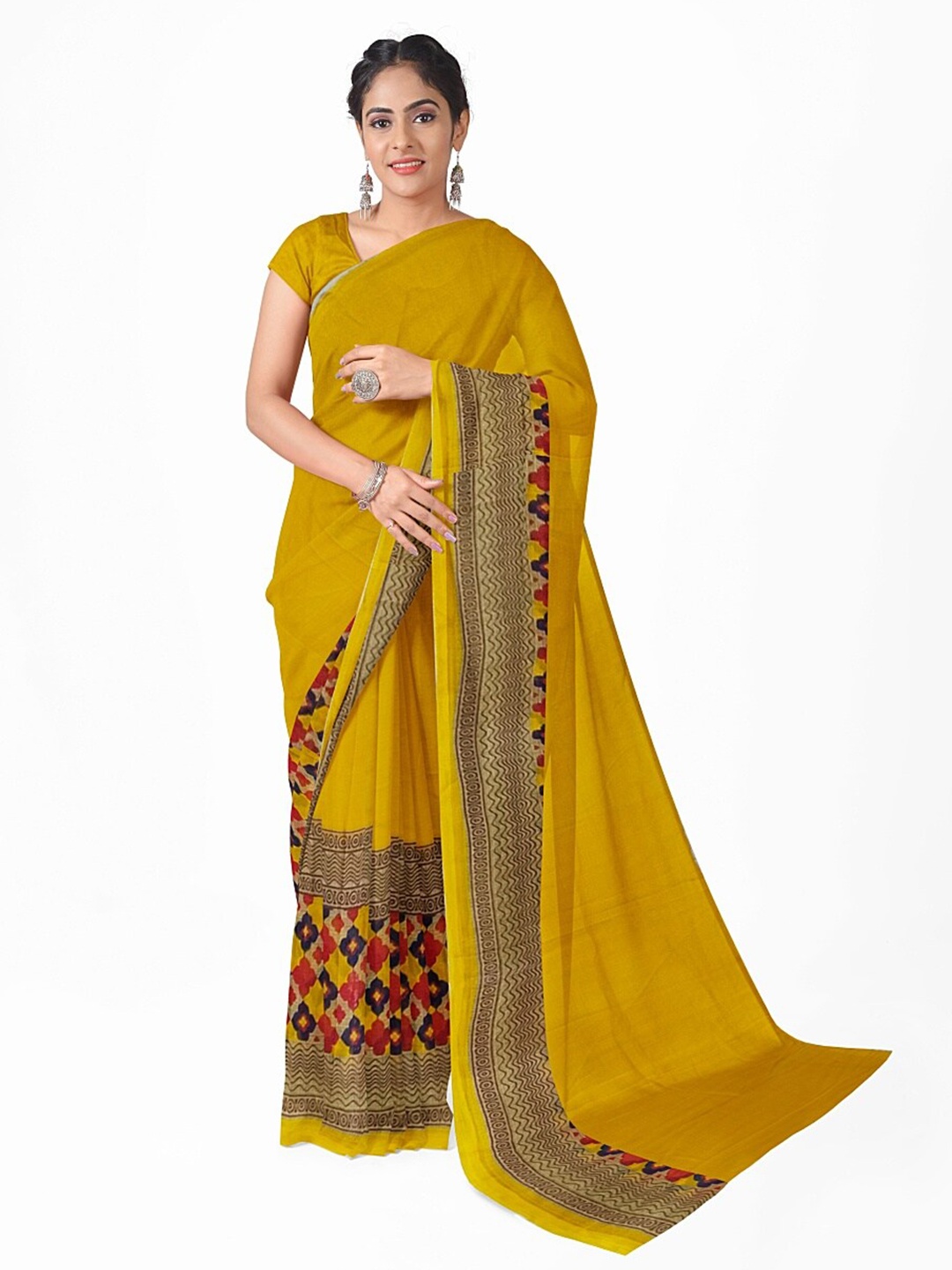 

Florence Yellow & Red Ethnic Motifs Pure Georgette Fusion Dharmavaram Saree