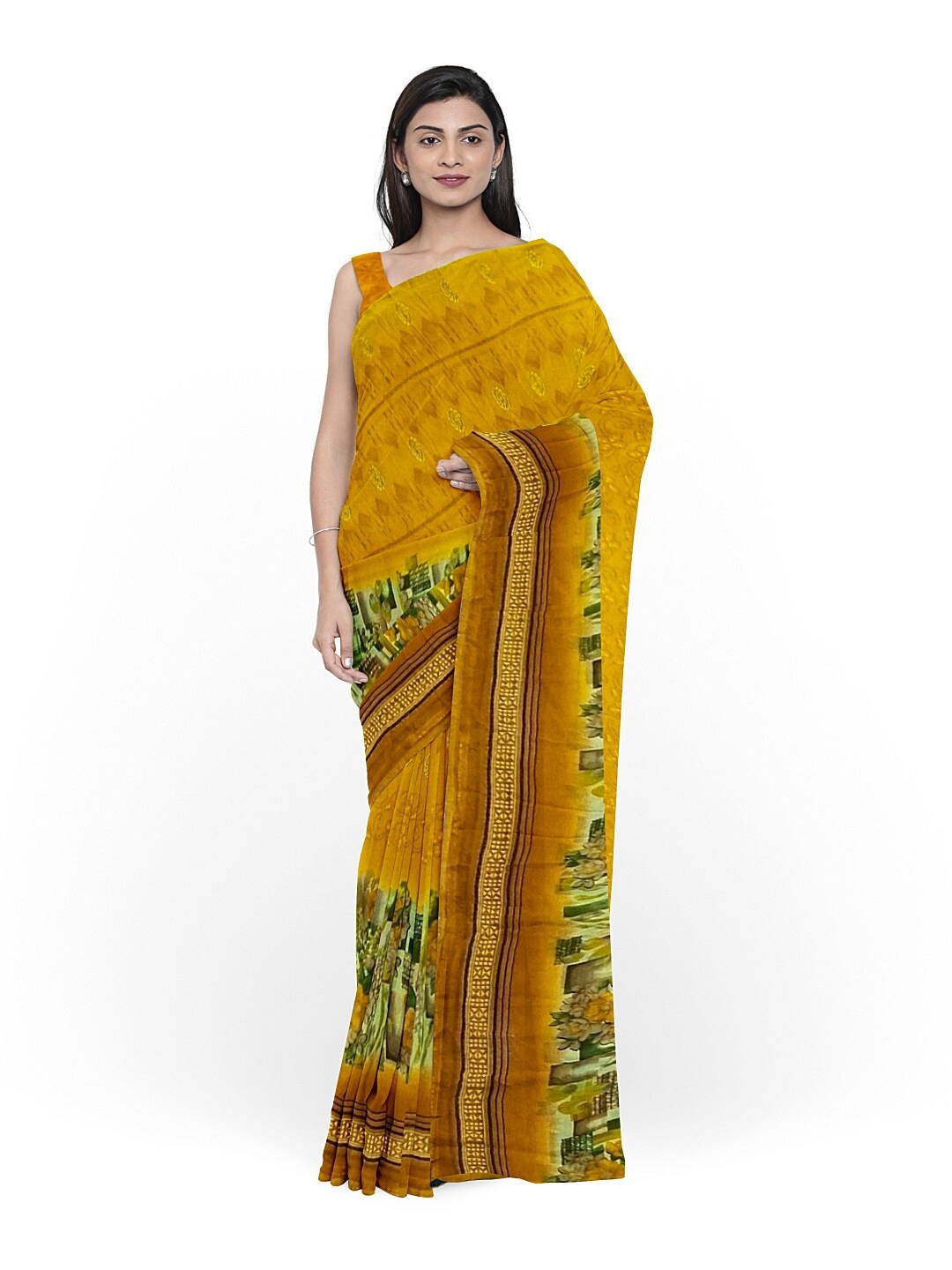 

Florence Yellow & Green Floral Pure Georgette Fusion Dharmavaram Saree