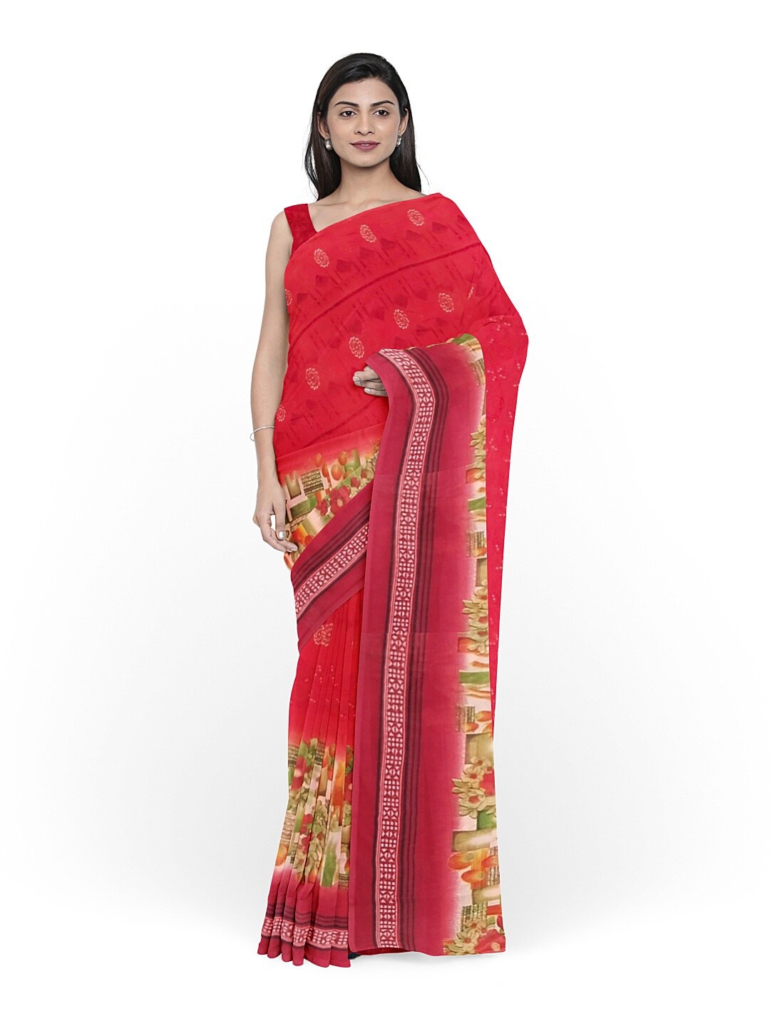 

Florence Peach-Coloured & Green Floral Pure Georgette Fusion Dharmavaram Saree