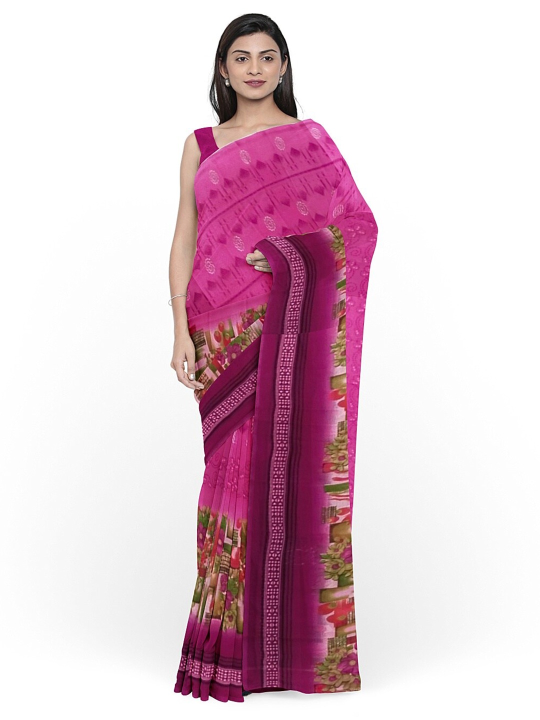 

Florence Pink & Green Floral Pure Georgette Dharmavaram Saree