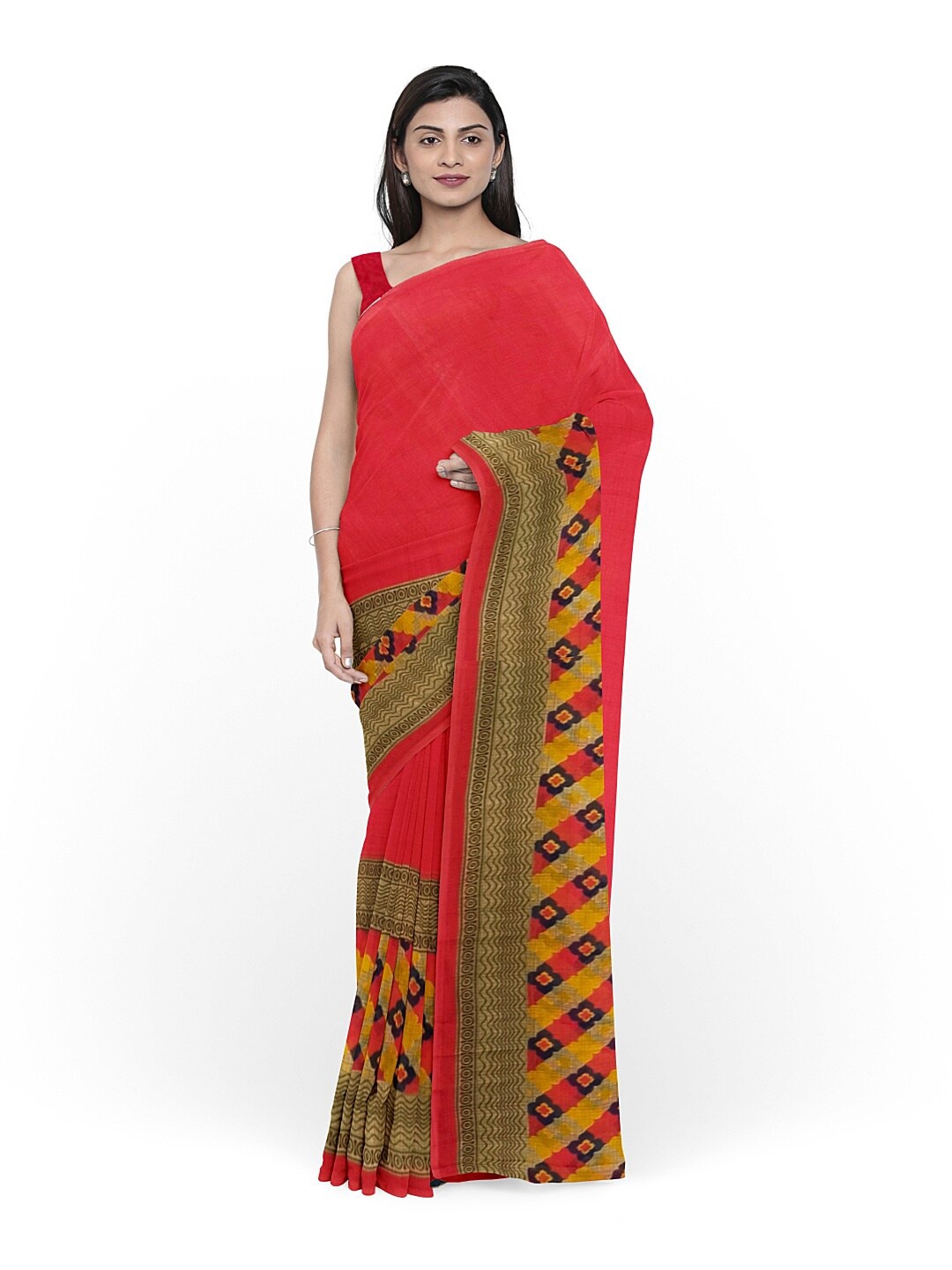

Florence Peach-Coloured & Yellow Ethnic Motifs Pure Georgette Fusion Dharmavaram Saree