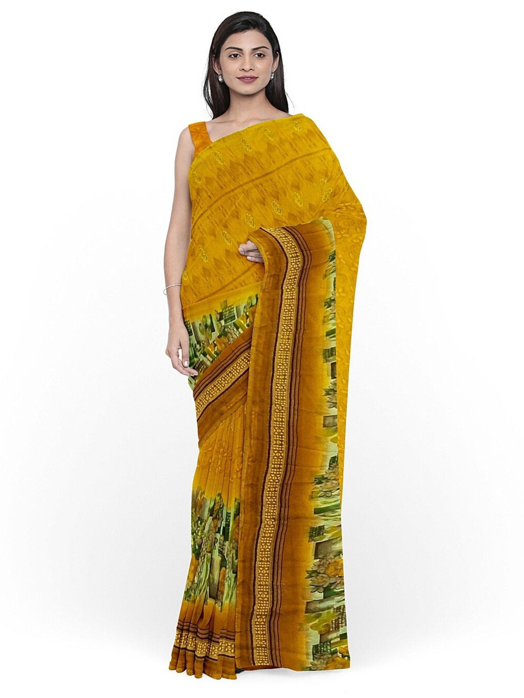 

KALINI Yellow & Green Floral Pure Georgette Fusion Dharmavaram Saree