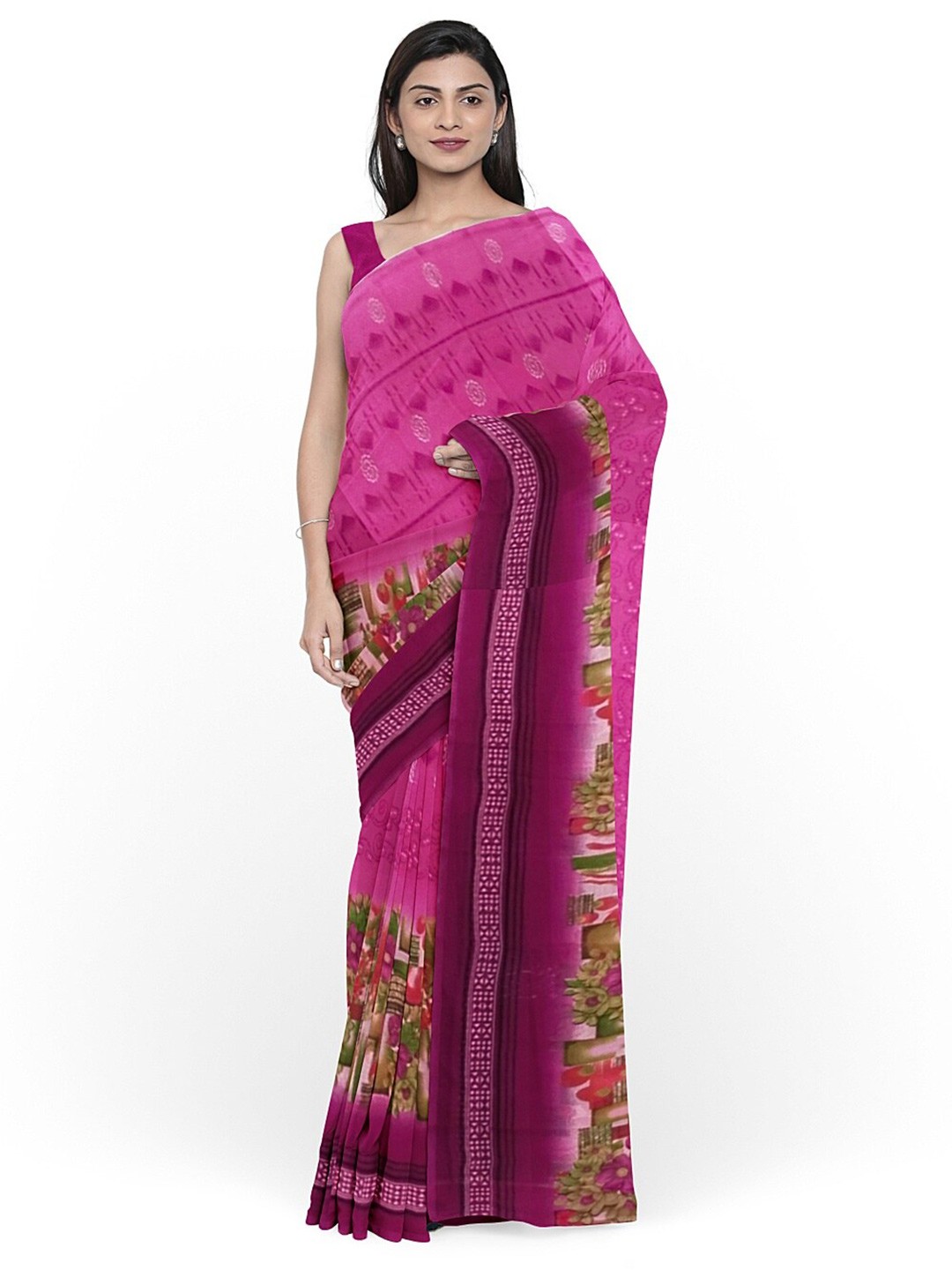 

KALINI Pink & Green Floral Pure Georgette Fusion Dharmavaram Saree