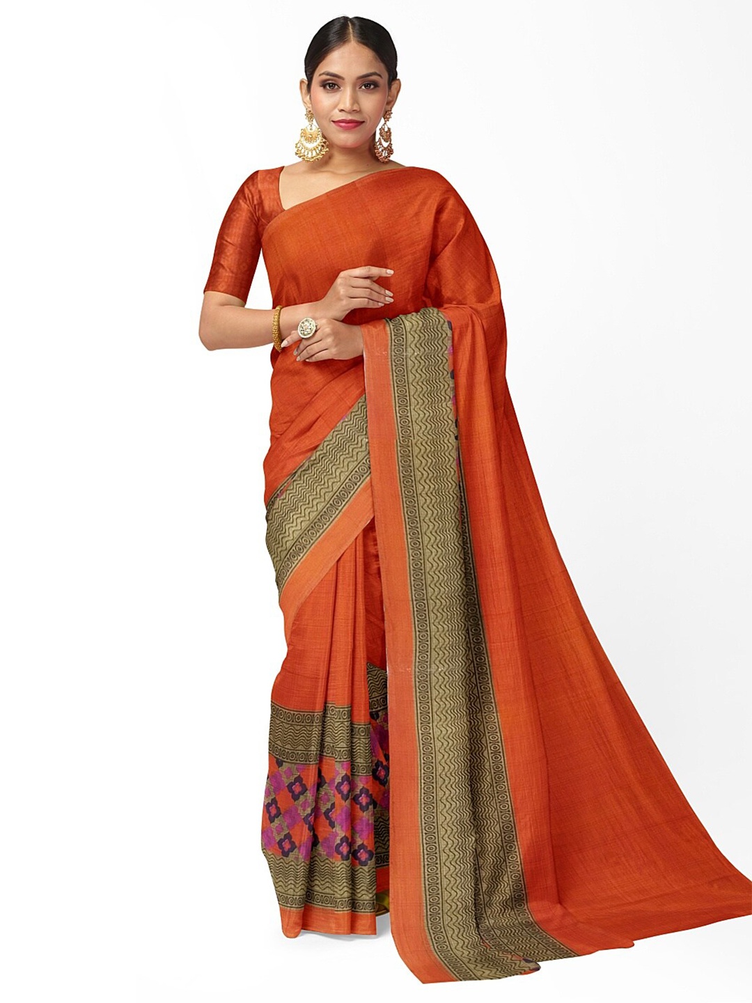 

KALINI Orange & Beige Ethnic Motifs Pure Georgette Fusion Dharmavaram Saree