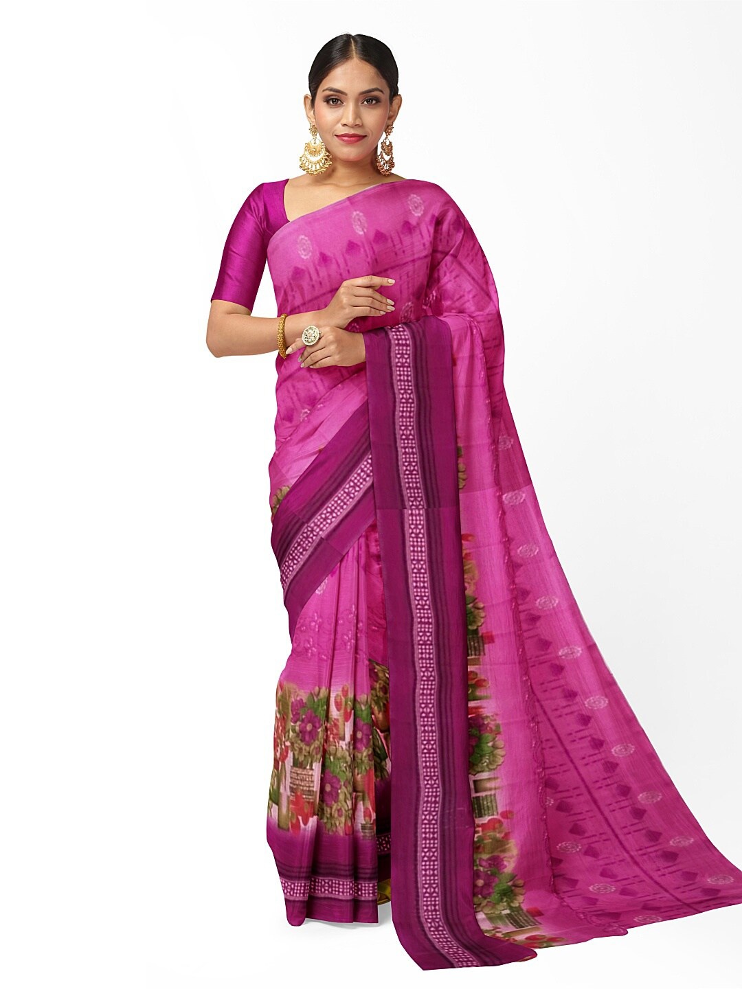 

KALINI Pink & Green Floral Pure Georgette Fusion Dharmavaram Saree