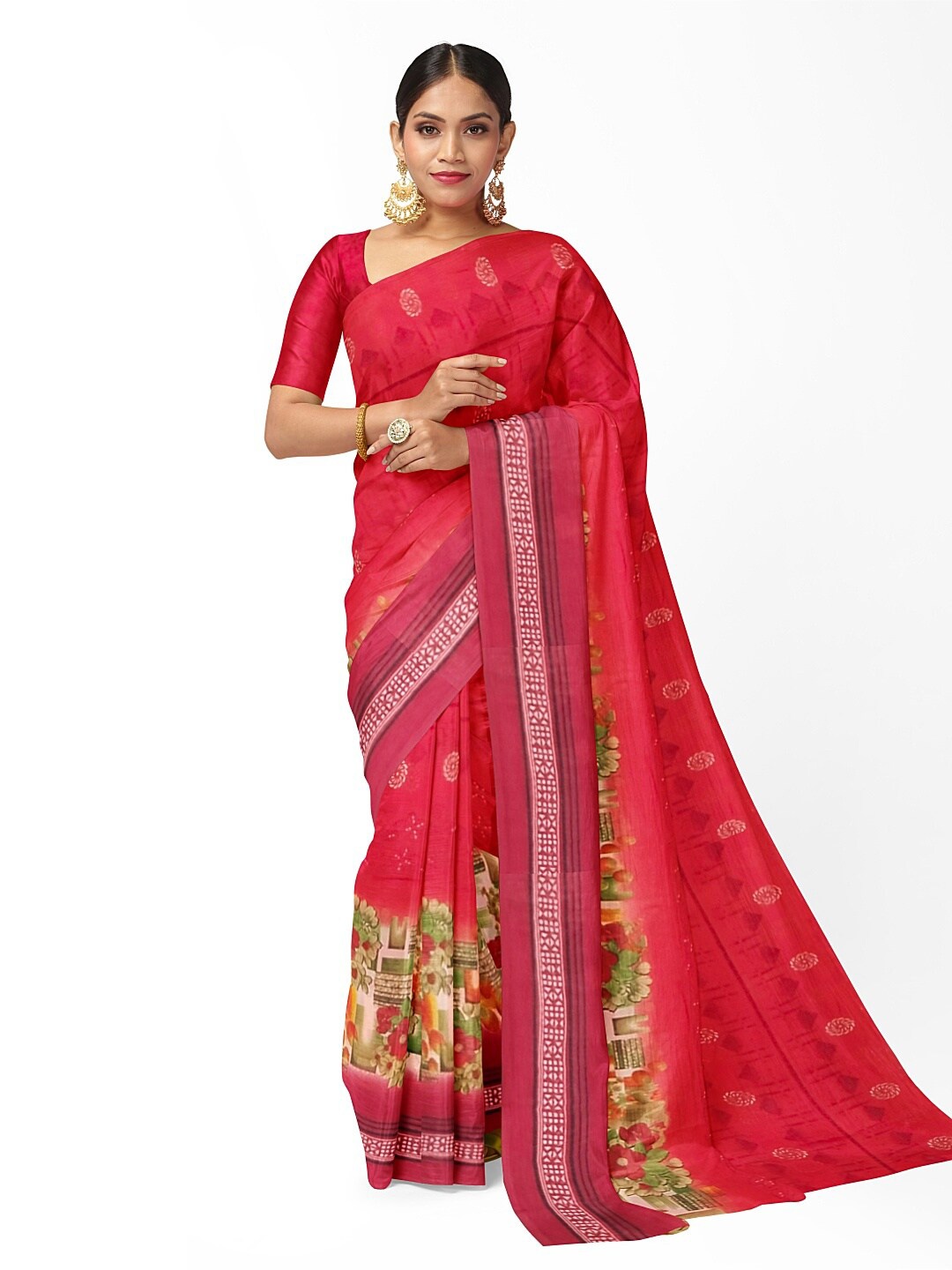 

Florence Peach-Coloured & Green Floral Pure Georgette Fusion Saree