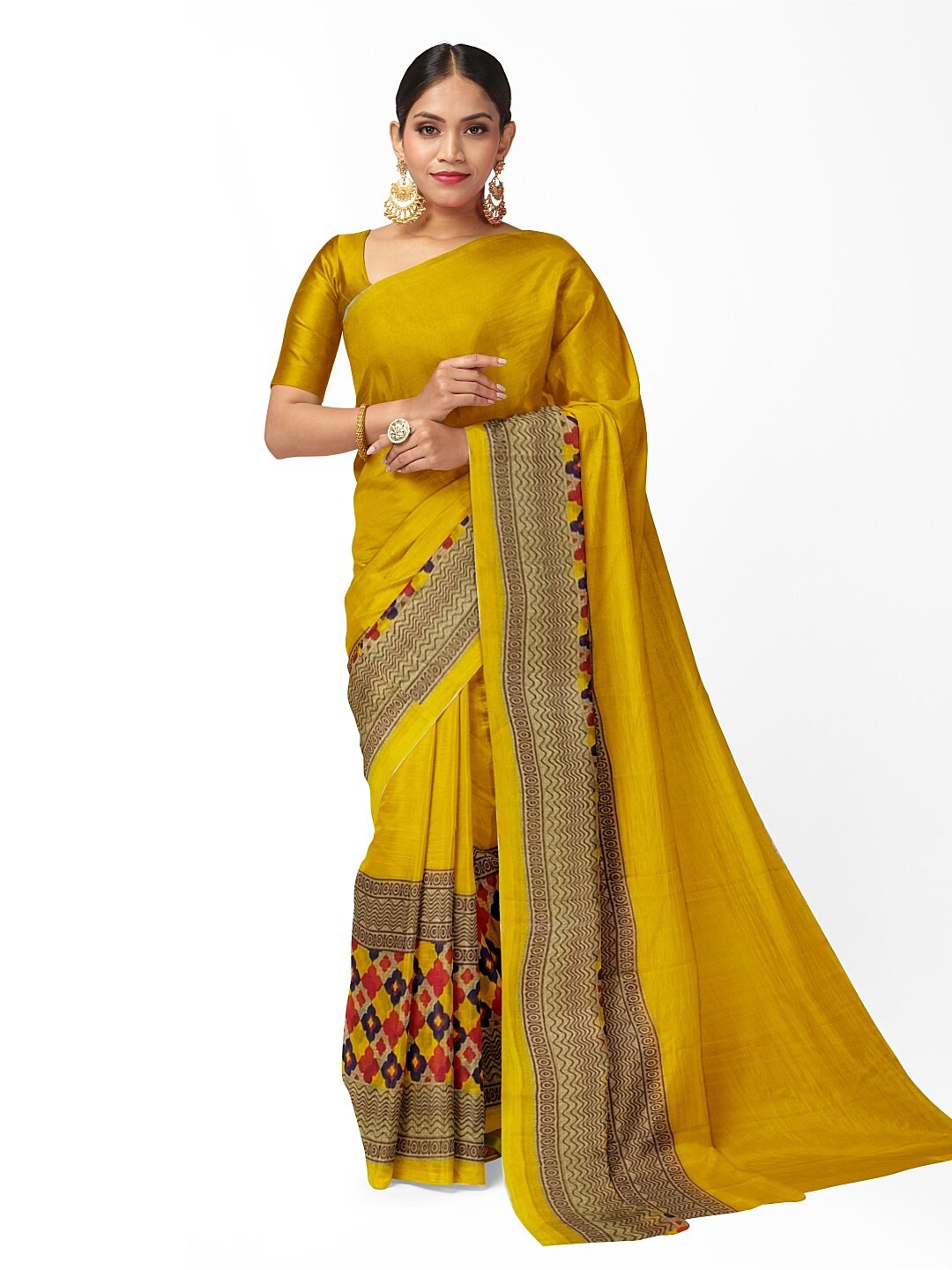 

Florence Yellow & Blue Ethnic Motifs Pure Georgette Fusion Dharmavaram Saree