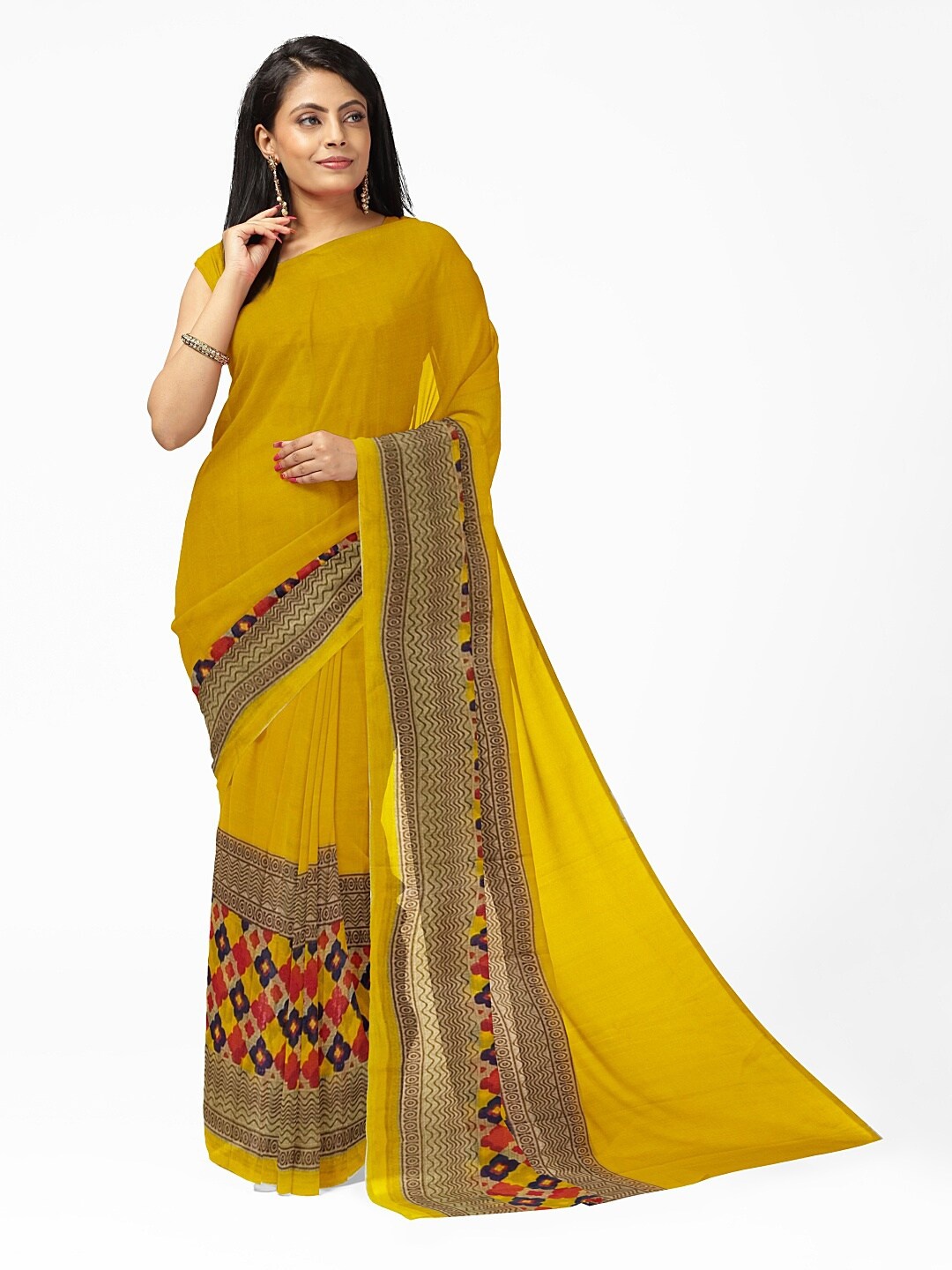 Florence Yellow & Blue Ethnic Motifs Pure Georgette Fusion Dharmavaram Saree