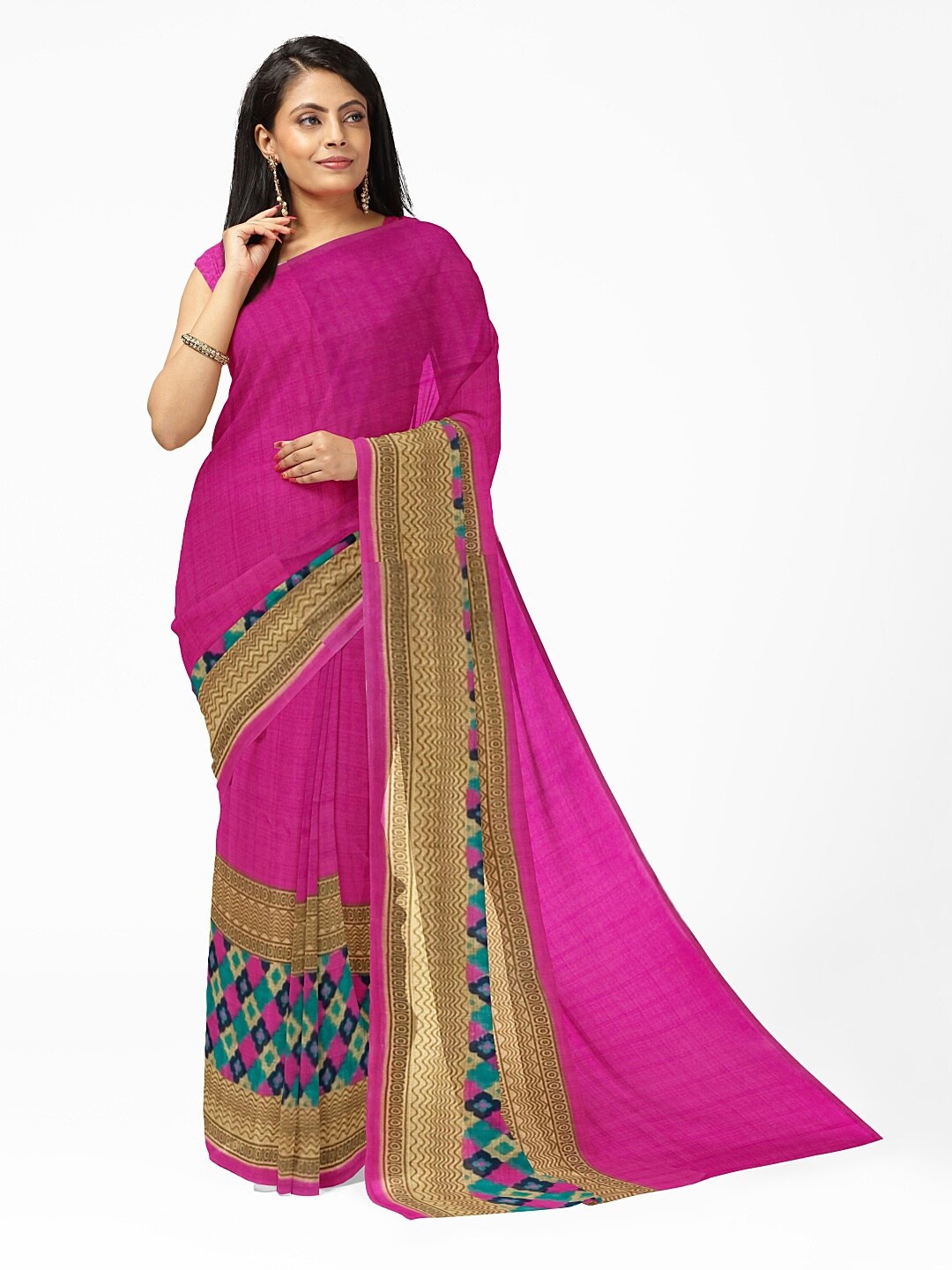 

Florence Pink & Navy Blue Ethnic Motifs Pure Georgette Fusion Dharmavaram Saree