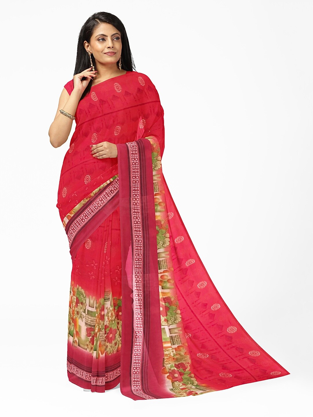 

Florence Peach-Coloured & Green Floral Pure Georgette Dharmavaram Saree