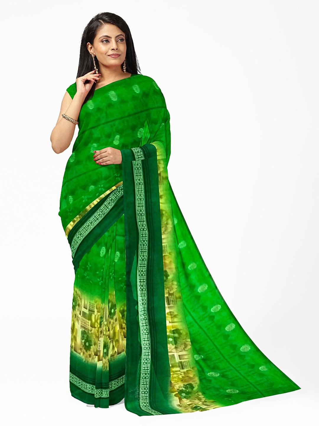 

KALINI Green & Beige Floral Pure Georgette Fusion Dharmavaram Saree