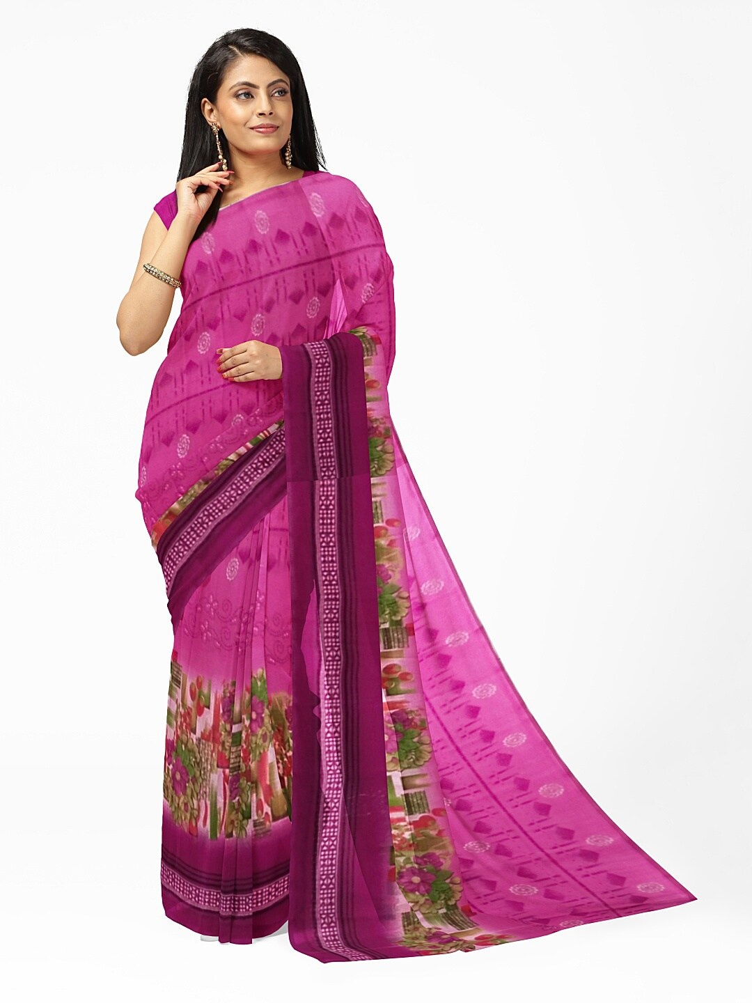 KALINI Pink & Green Floral Pure Georgette Saree