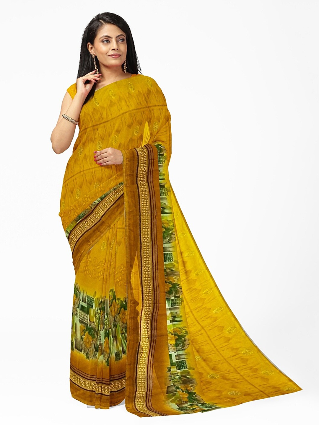 

KALINI Yellow & Green Floral Pure Georgette Dharmavaram Saree