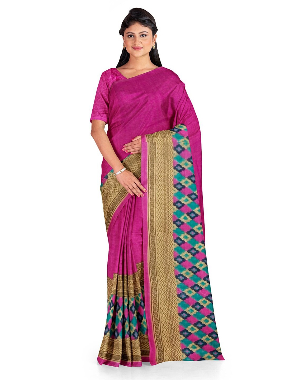 

Florence Pink & Blue Ethnic Motifs Pure Georgette Fusion Dharmavaram Saree