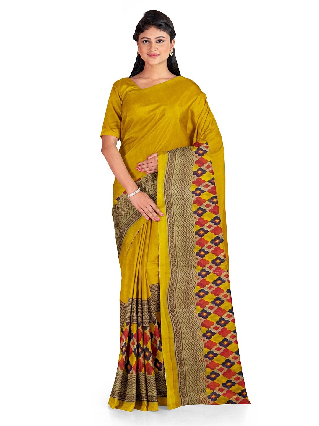 

Florence Mustard & Red Floral Pure Georgette Fusion Dharmavaram Saree