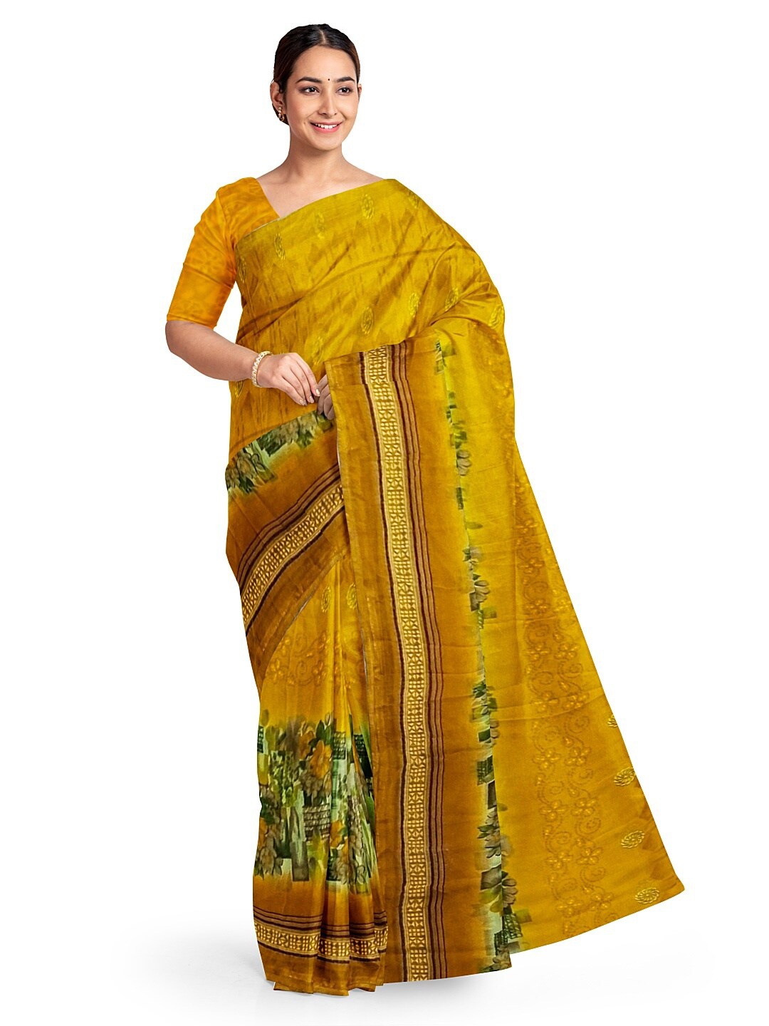 Florence Yellow & Green Floral Pure Georgette Fusion Dharmavaram Saree