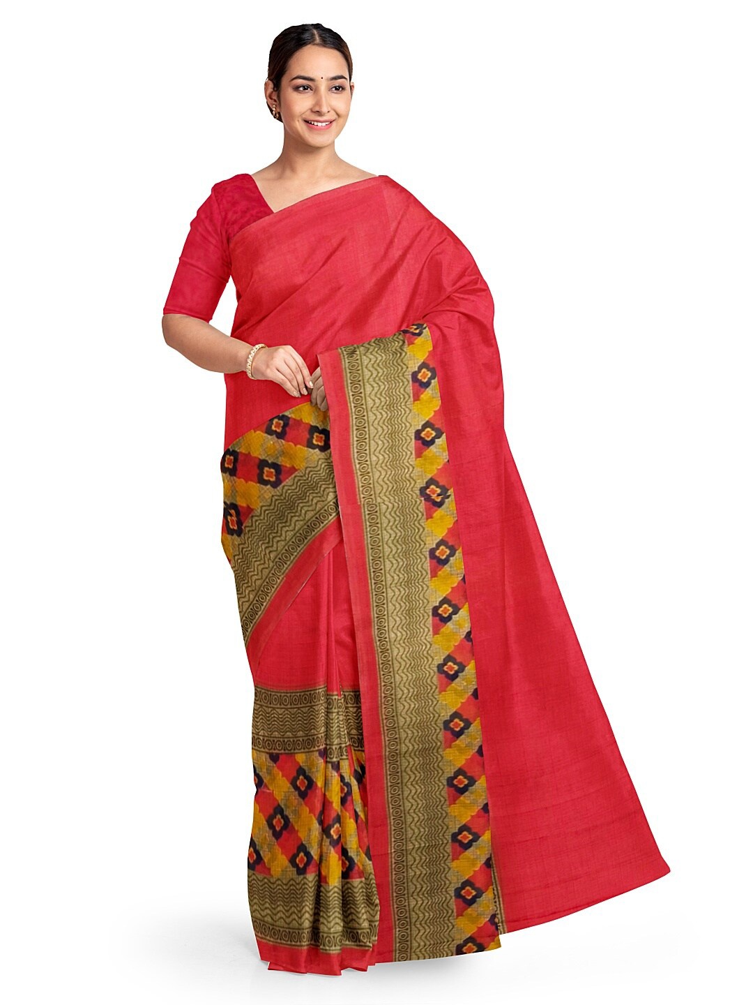 Florence Peach Ethnic Motifs Pure Georgette Fusion Dharmavaram Saree