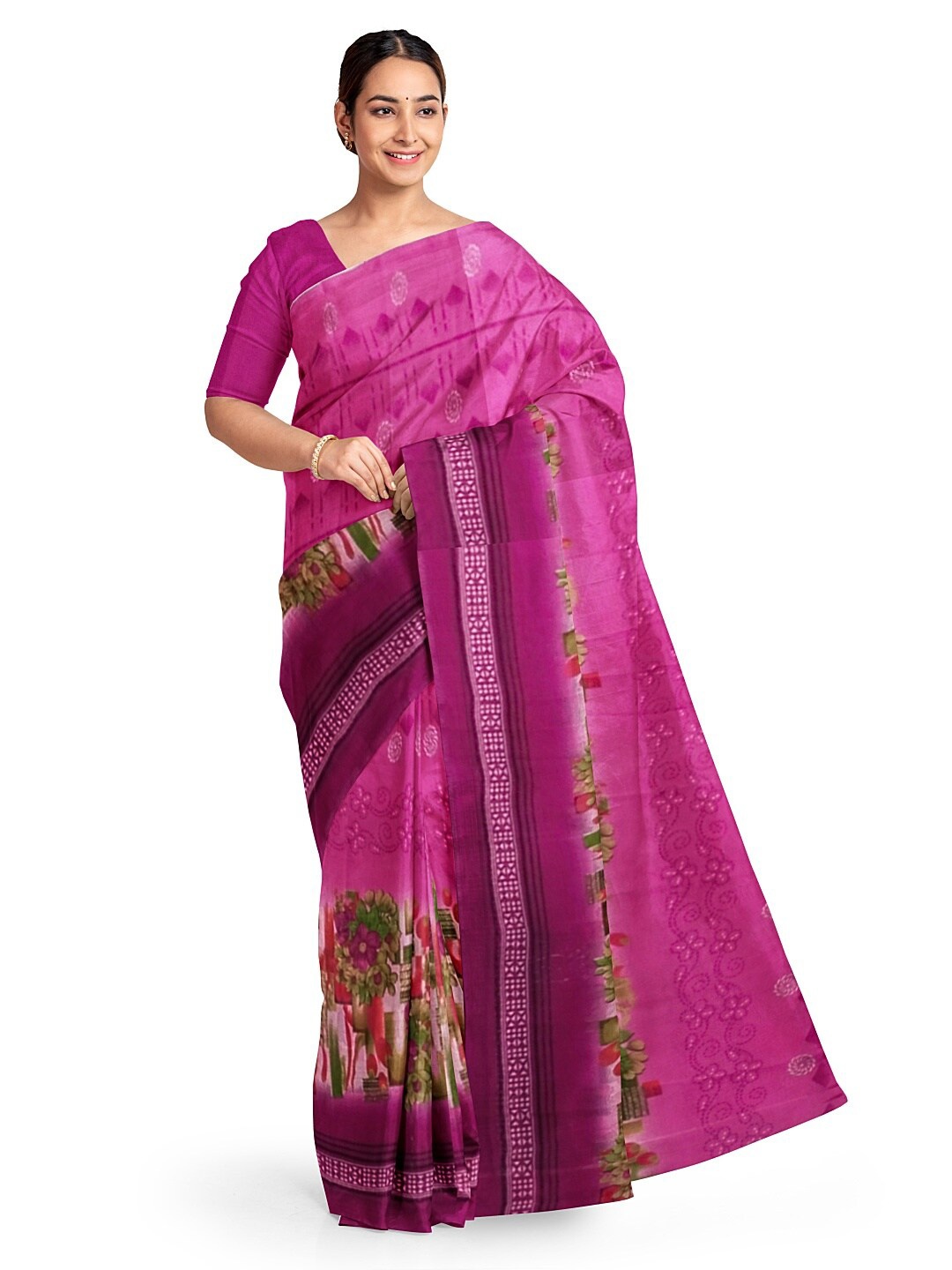 

Florence Women Pink & Green Floral Pure Georgette Dharmavaram Saree