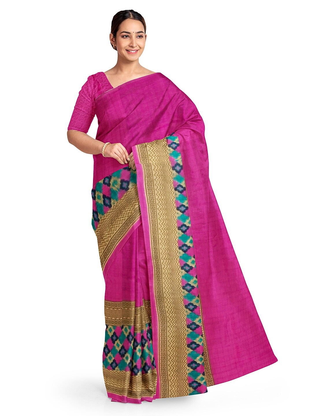 

Florence Pink & Navy Blue Ethnic Motifs Pure Georgette Dharmavaram Saree