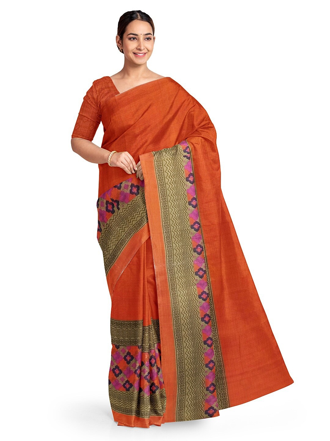 

KALINI Orange & Pink Ethnic Motifs Pure Georgette Fusion Dharmavaram Saree