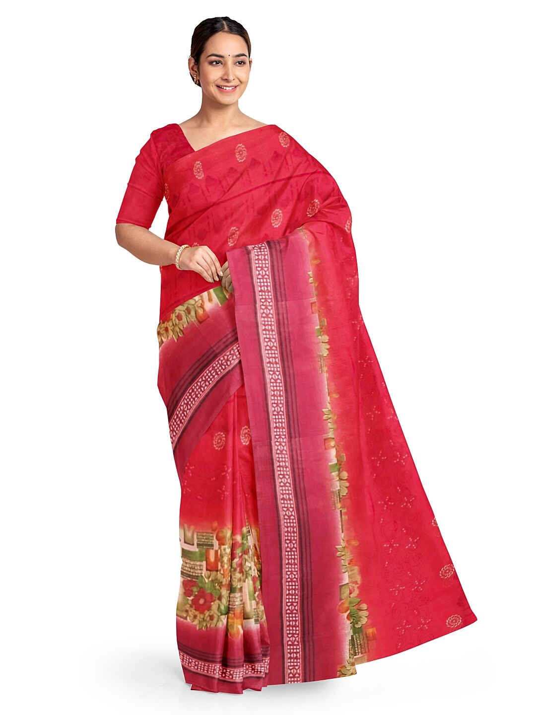 

KALINI Peach-Coloured & Green Floral Pure Georgette Fusion Dharmavaram Saree