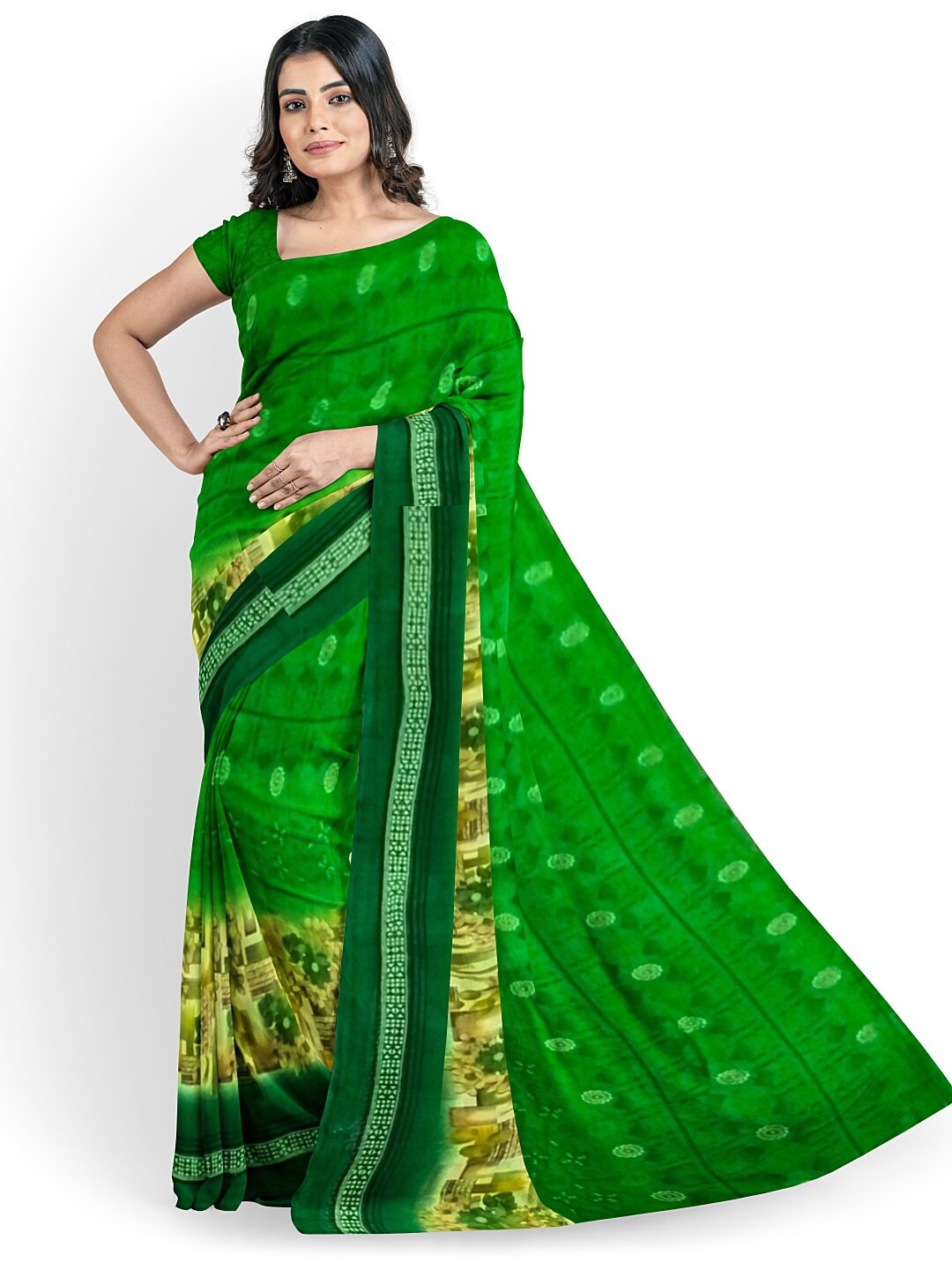 Florence Green & Beige Floral Pure Georgette Fusion Dharmavaram Saree