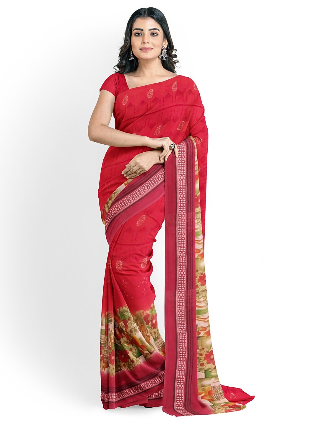 

Florence Peach-Coloured & Green Floral Pure Georgette Fusion Dharmavaram Saree