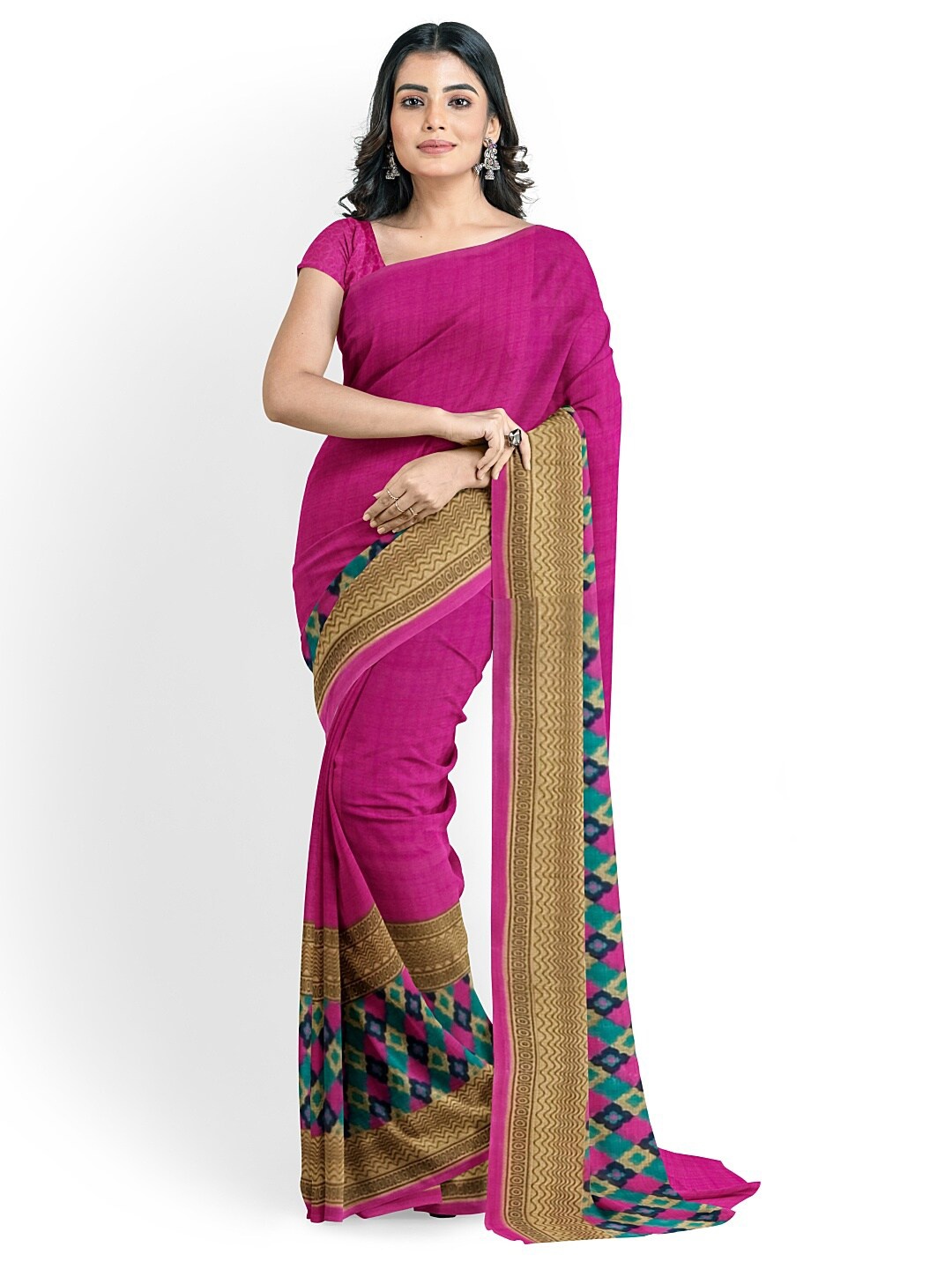 

Florence Pink & Blue Ethnic Motifs Pure Georgette Dharmavaram Saree