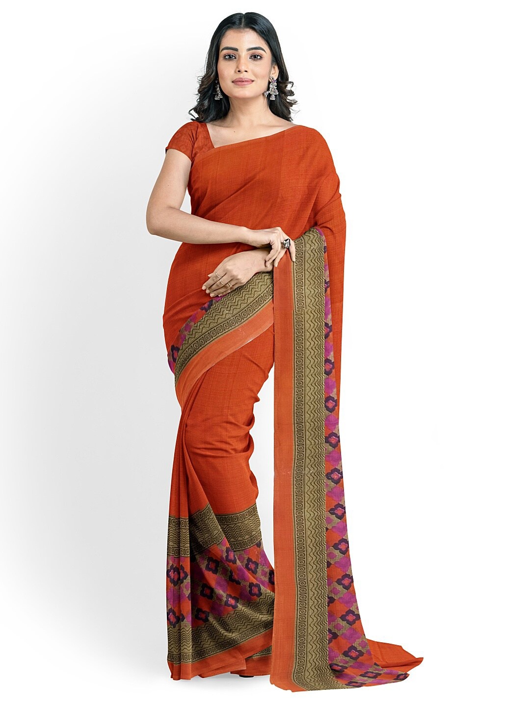 

Florence Rust & Green Ethnic Motifs Pure Georgette Dharmavaram Saree