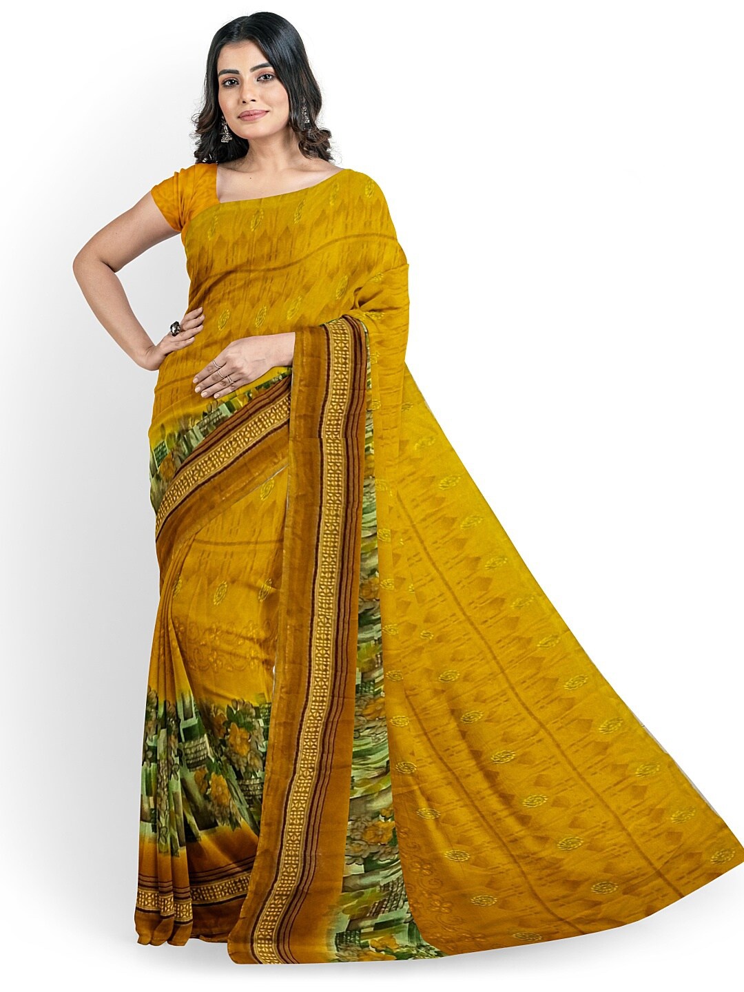 

KALINI Yellow & Green Floral Pure Georgette Fusion Dharmavaram Saree