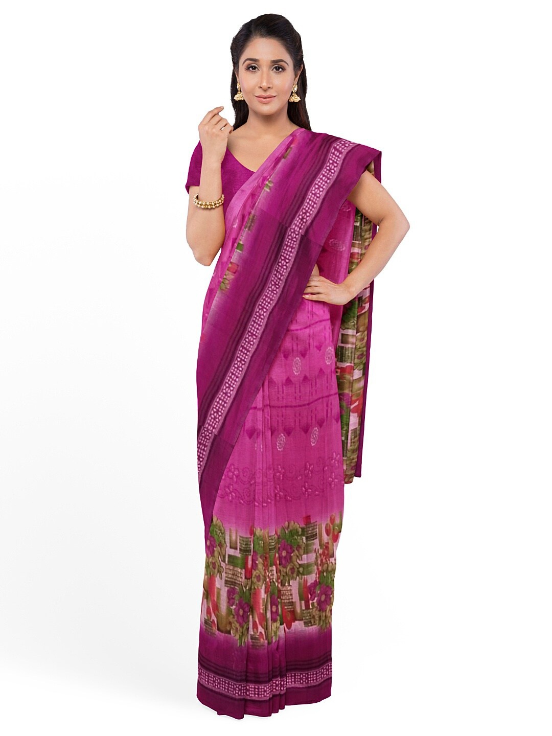 KALINI Pink & Green Floral Pure Georgette Fusion Saree