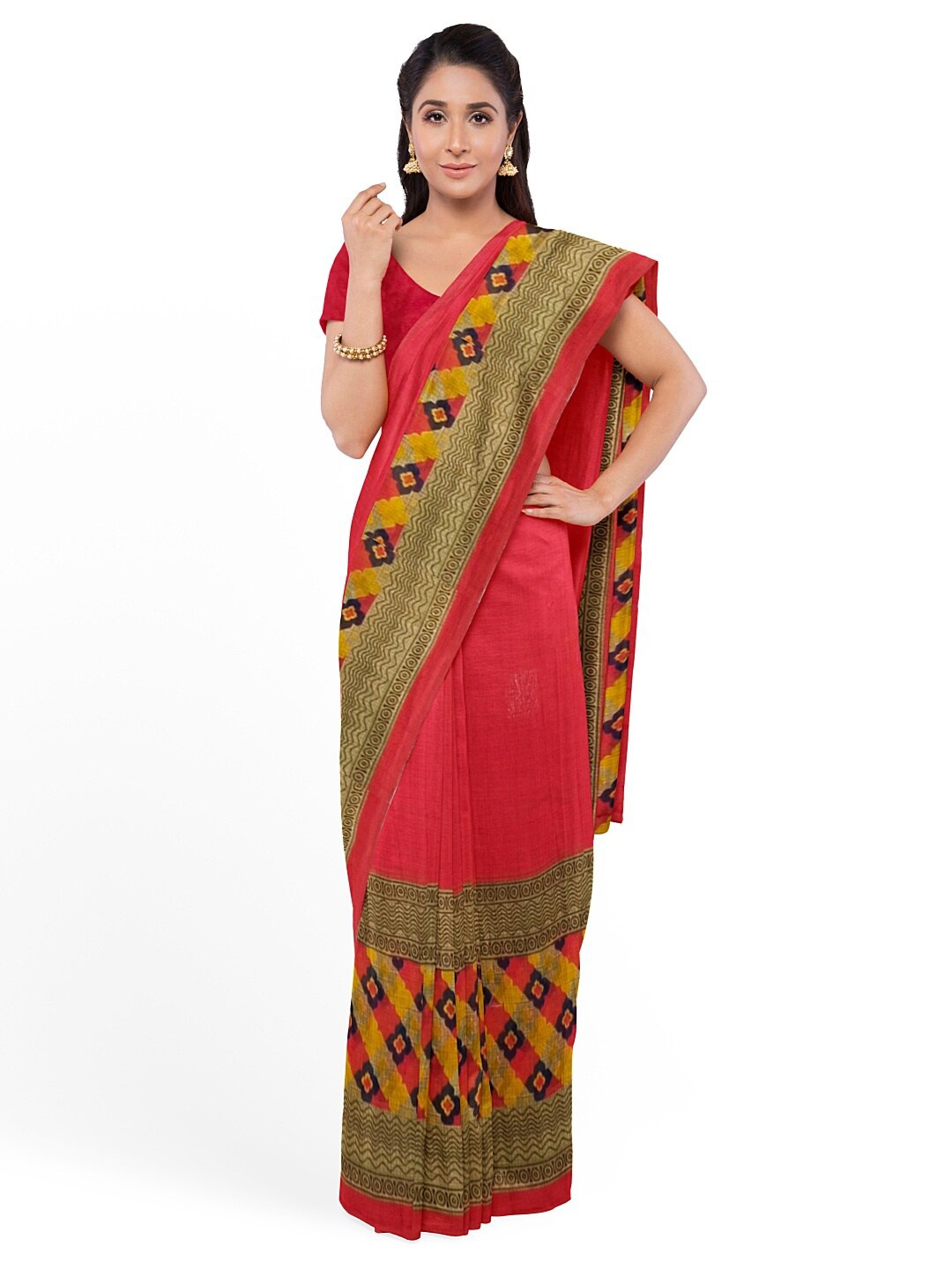 

KALINI Peach-Coloured & Grey Ethnic Motifs Pure Georgette Fusion Dharmavaram Saree