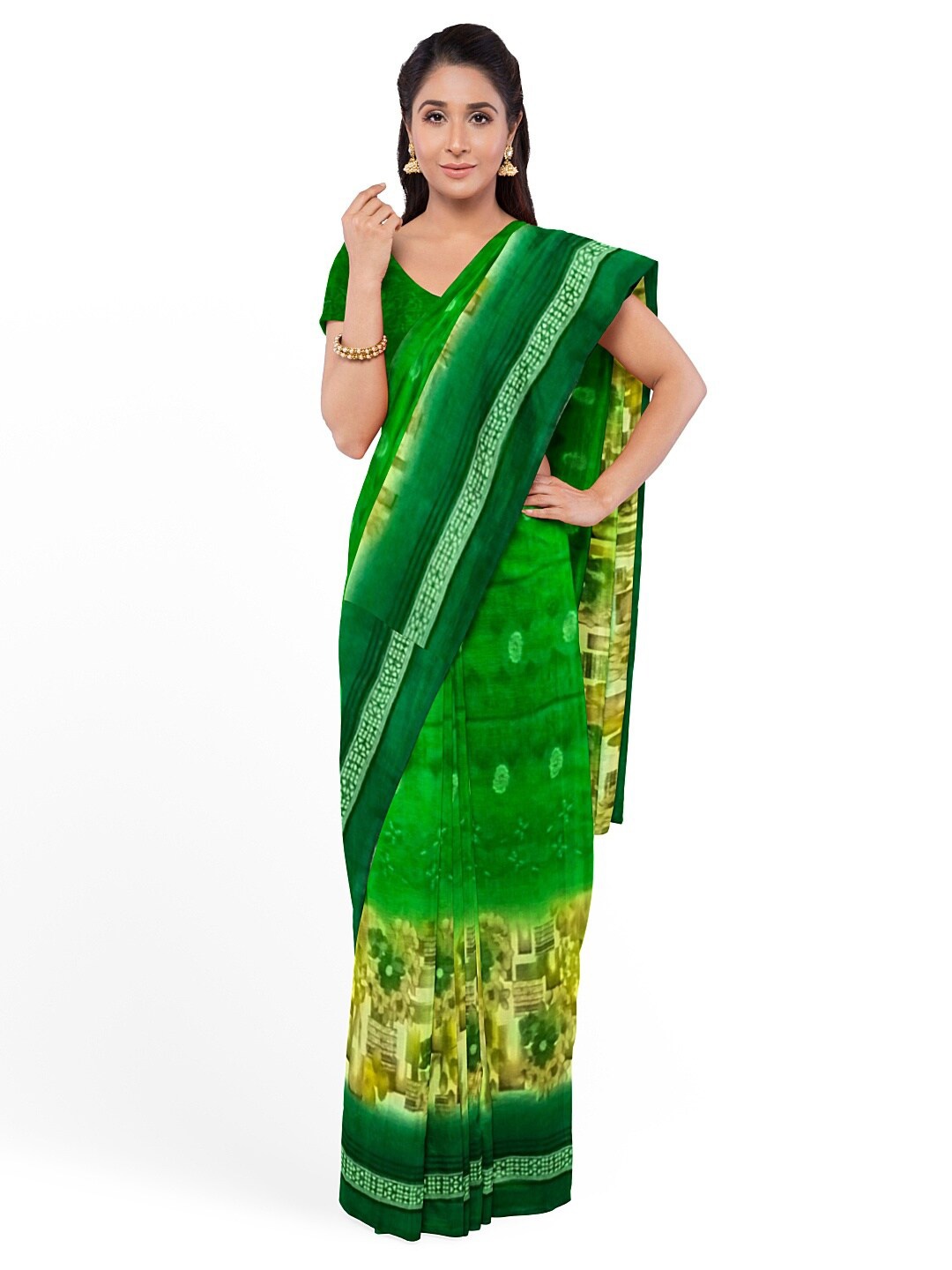 

KALINI Women Green & Beige Floral Pure Georgette Dharmavaram Saree