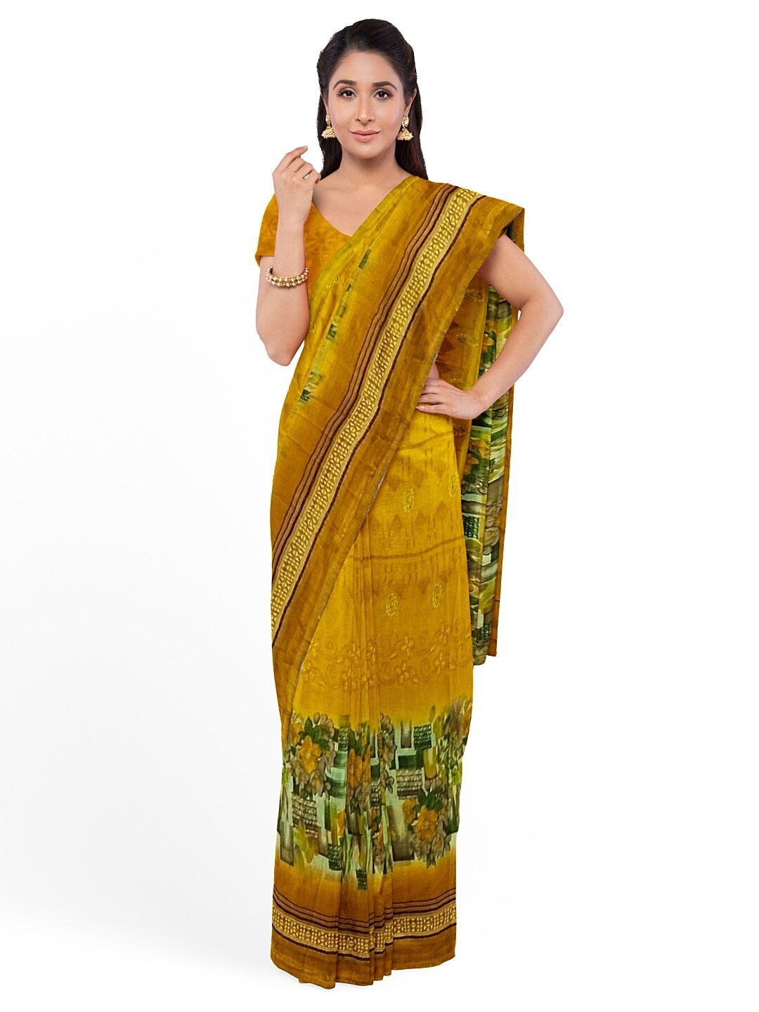 KALINI Yellow & Green Floral Pure Georgette Dharmavaram Saree