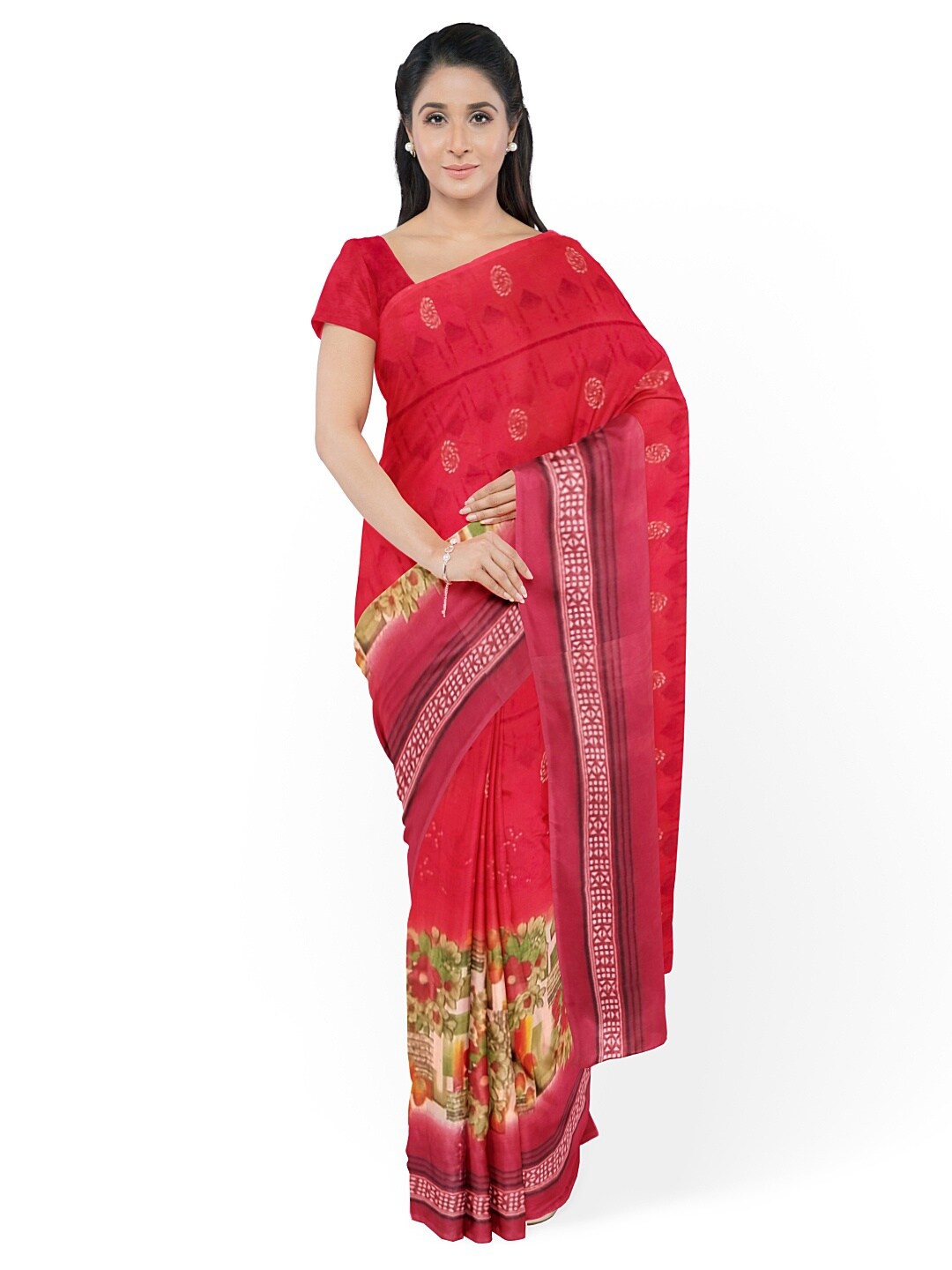 

Florence Peach-Coloured & Green Floral Pure Georgette Fusion Dharmavaram Saree