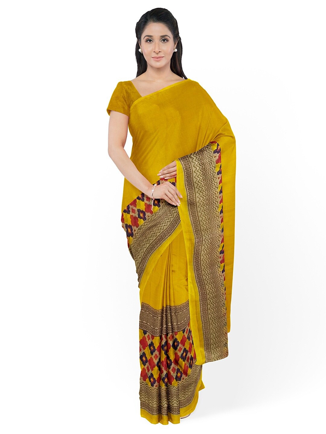 

Florence Yellow & Blue Ethnic Motifs Pure Georgette Fusion Dharmavaram Saree