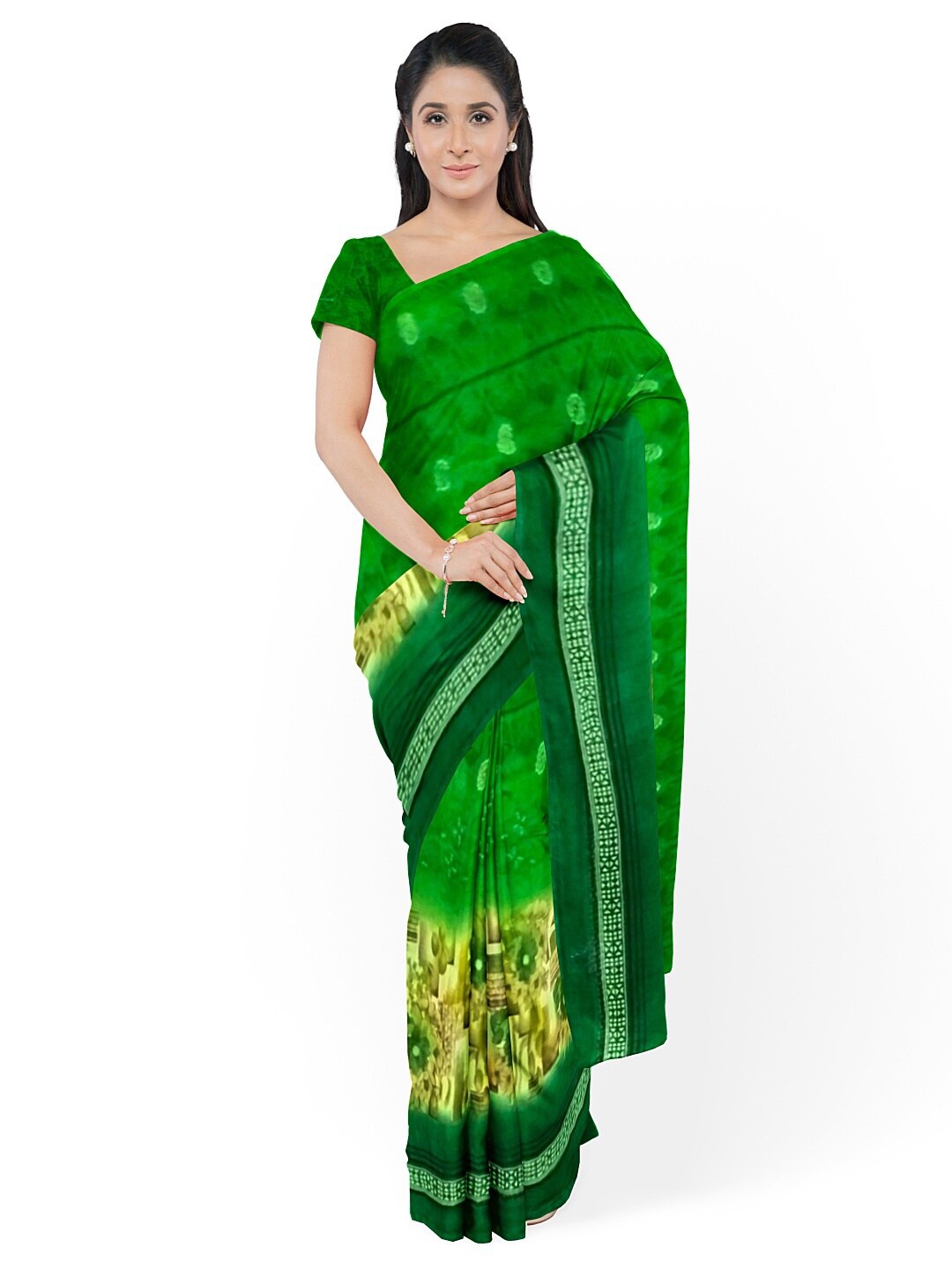 

Florence Green & Yellow Floral Pure Georgette Fusion Dharmavaram Saree
