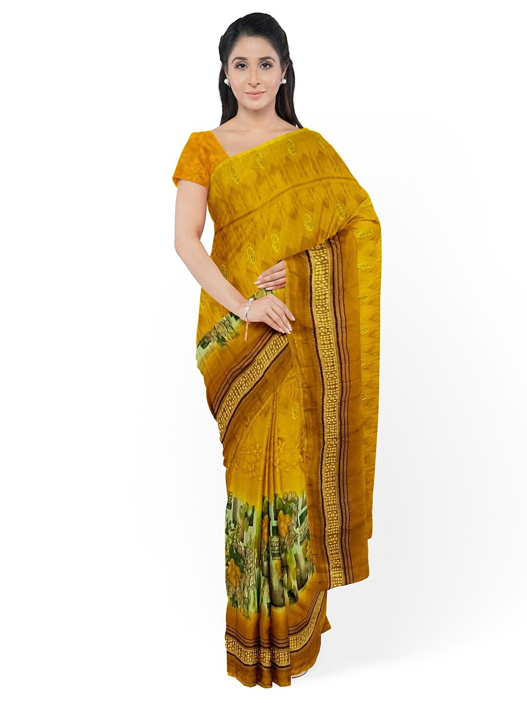 

Florence Yellow & Green Floral Pure Georgette Fusion Dharmavaram Saree