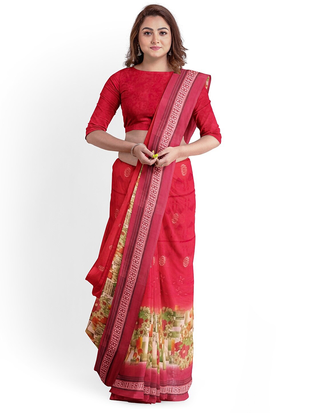 

KALINI Peach-Coloured & Green Floral Pure Georgette Fusion Dharmavaram Saree