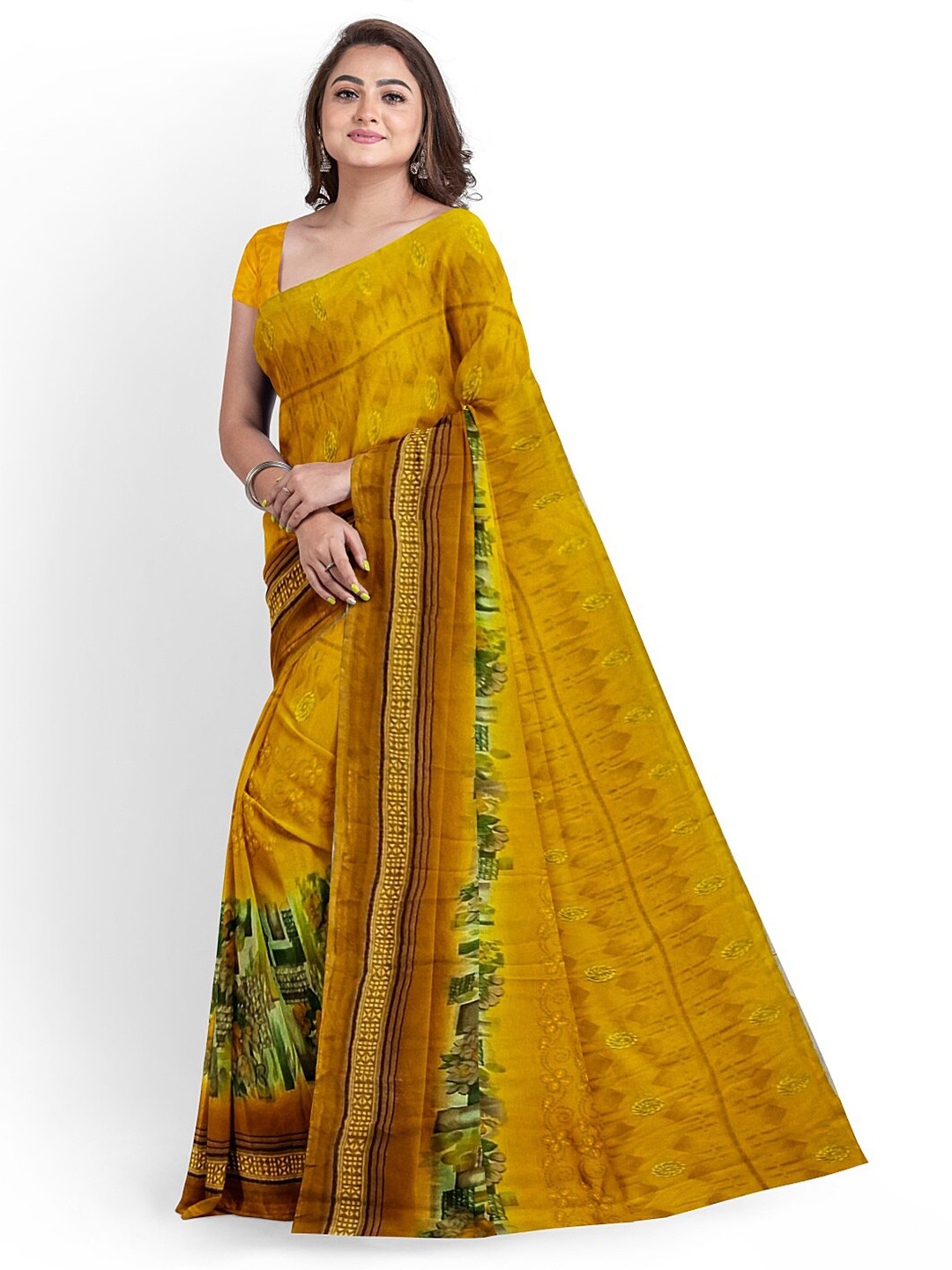 

KALINI Yellow & Green Floral Pure Georgette Dharmavaram Saree