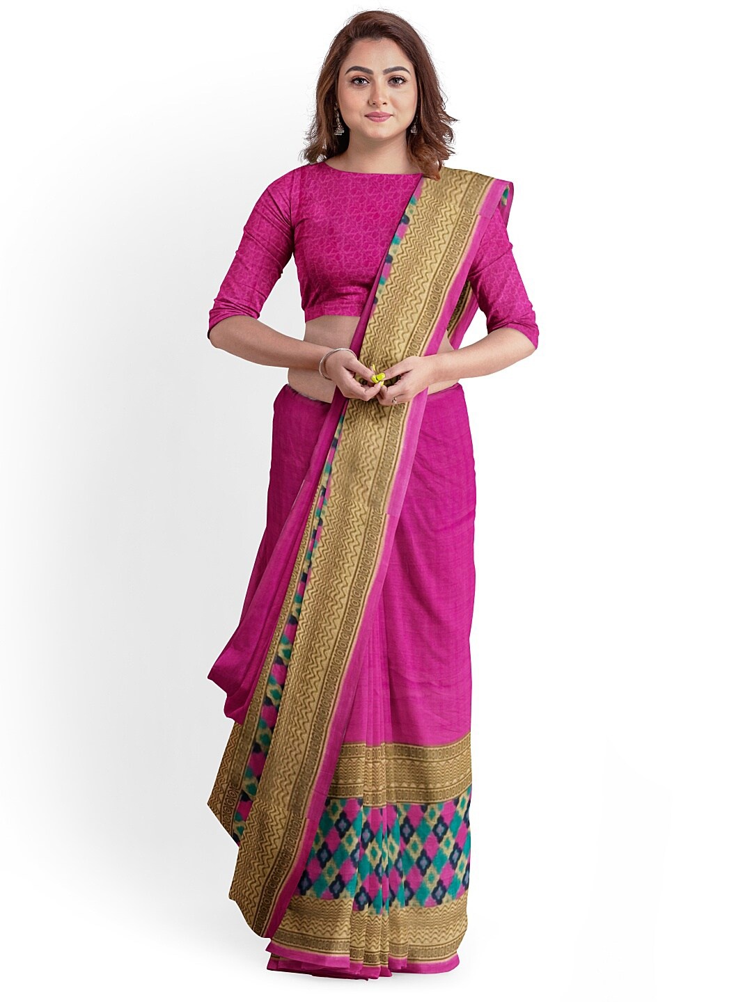 

Florence Pink & Beige Ethnic Motifs Pure Georgette Dharmavaram Saree