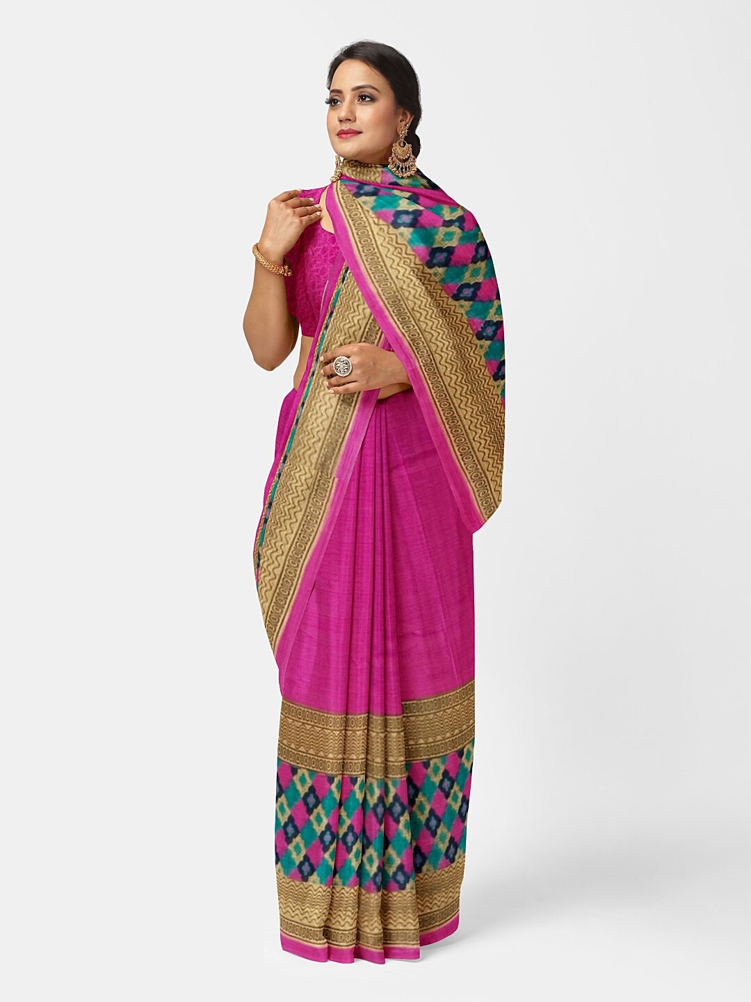 

KALINI Pink & Brown Ethnic Motifs Pure Georgette Dharmavaram Saree