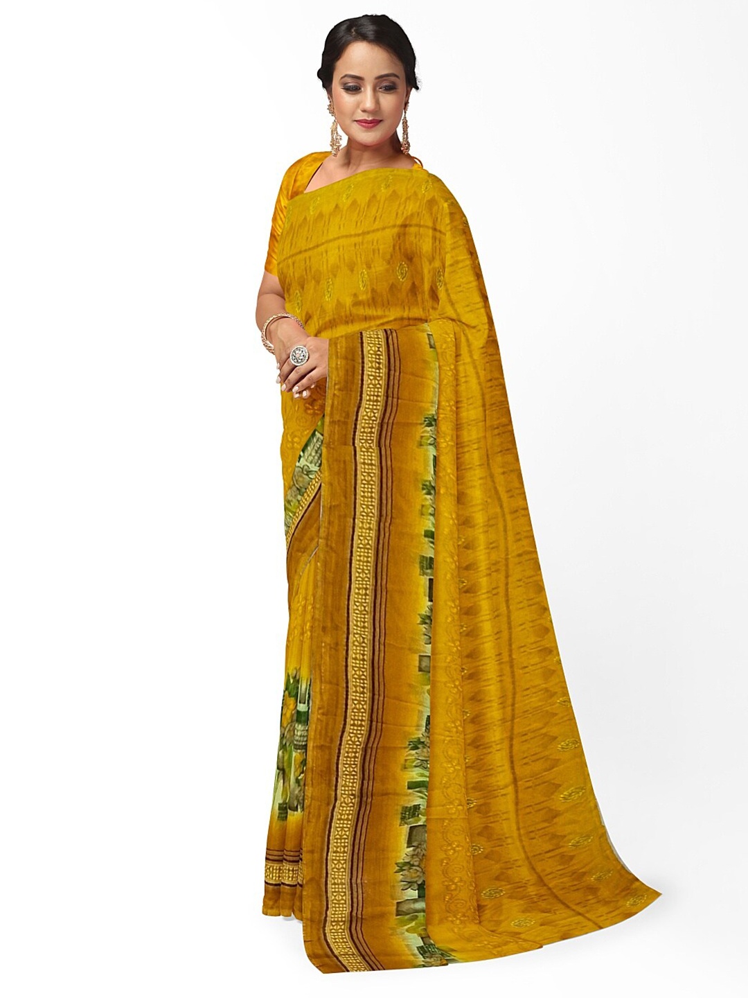 

KALINI Yellow & Green Floral Pure Georgette Fusion Dharmavaram Saree